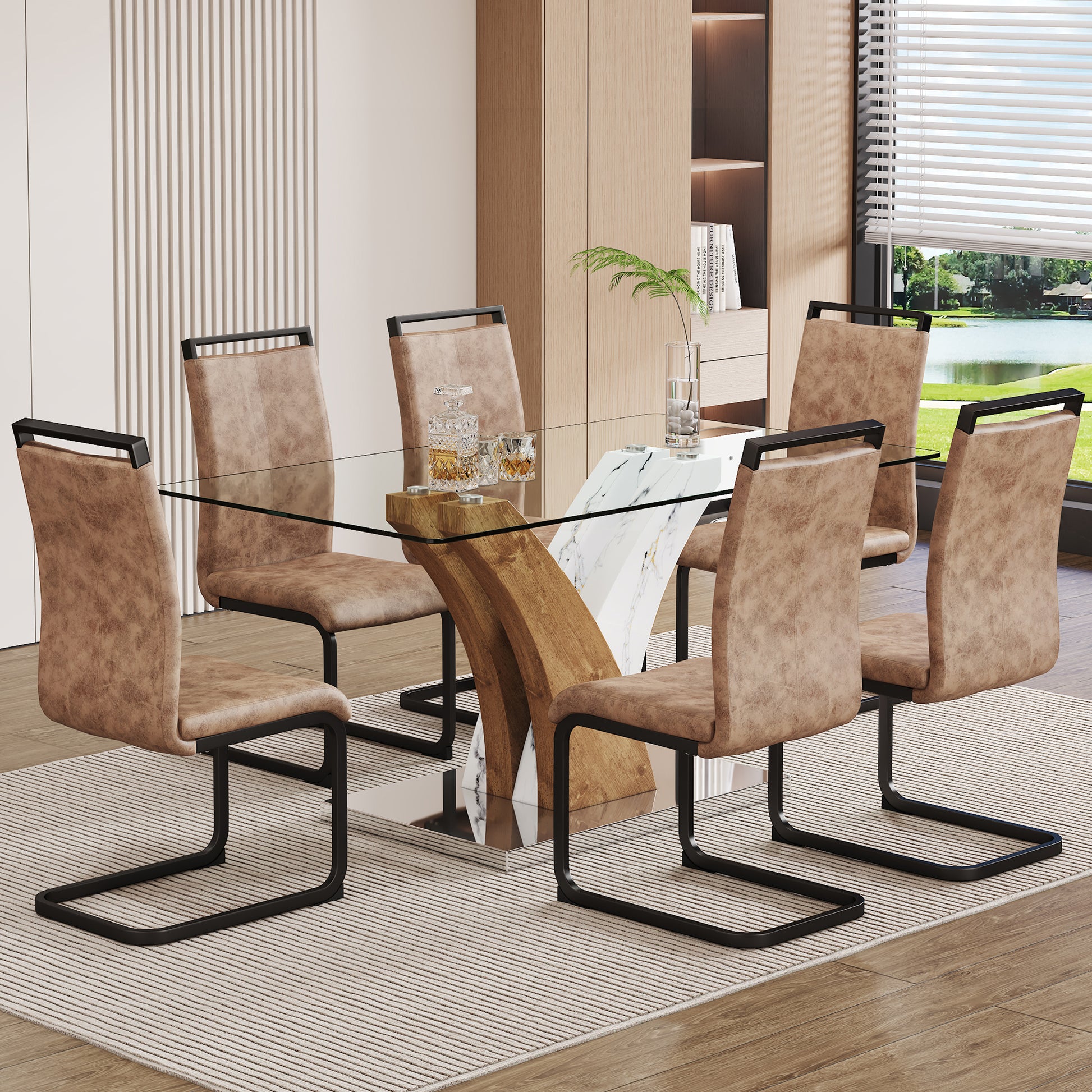 Table And Chair Set.Modern Dining Table, Tempered Glass Countertop With Artistic Mdf Legs.Paried With 6 Comfortable Chairs With Pu Seats And Metal Legs. Suitable For Various Decoration Styles. Black Brown,Transparent Seats 6 Mdf Metal