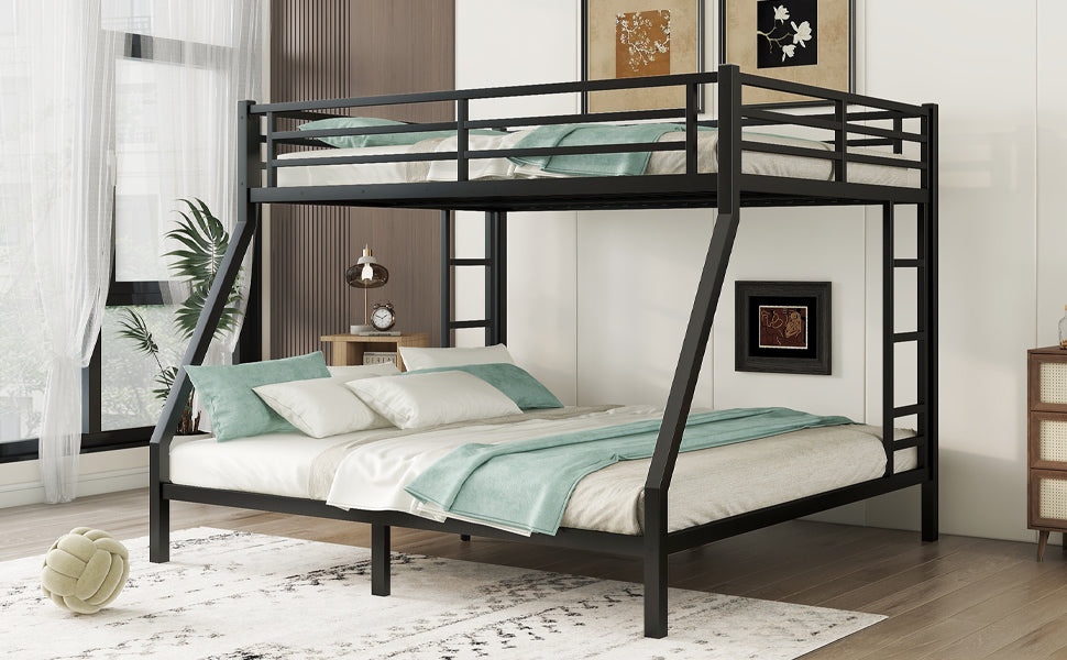 Metal Queen Over King Bunk Bed For Teens And Adults,Space Saving Noise Reduced No Box Spring Needed, Black Black Metal