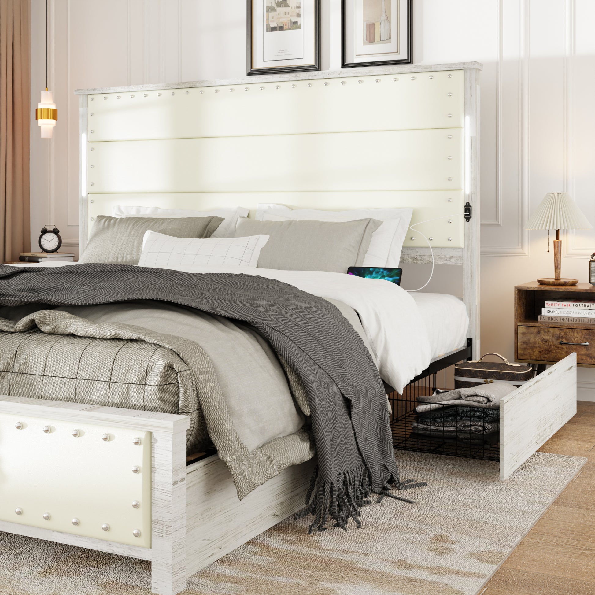 King Size Bed Frame With Upholstered Headboard And 4 Storage Drawersking Bed Frame With Charging Station And Led Lights, Wood Slats, Beige Faux Leather & Rivets, No Box Spring Needed Box Spring Not Required King Antique White Wood Bedroom Bed Frame Faux