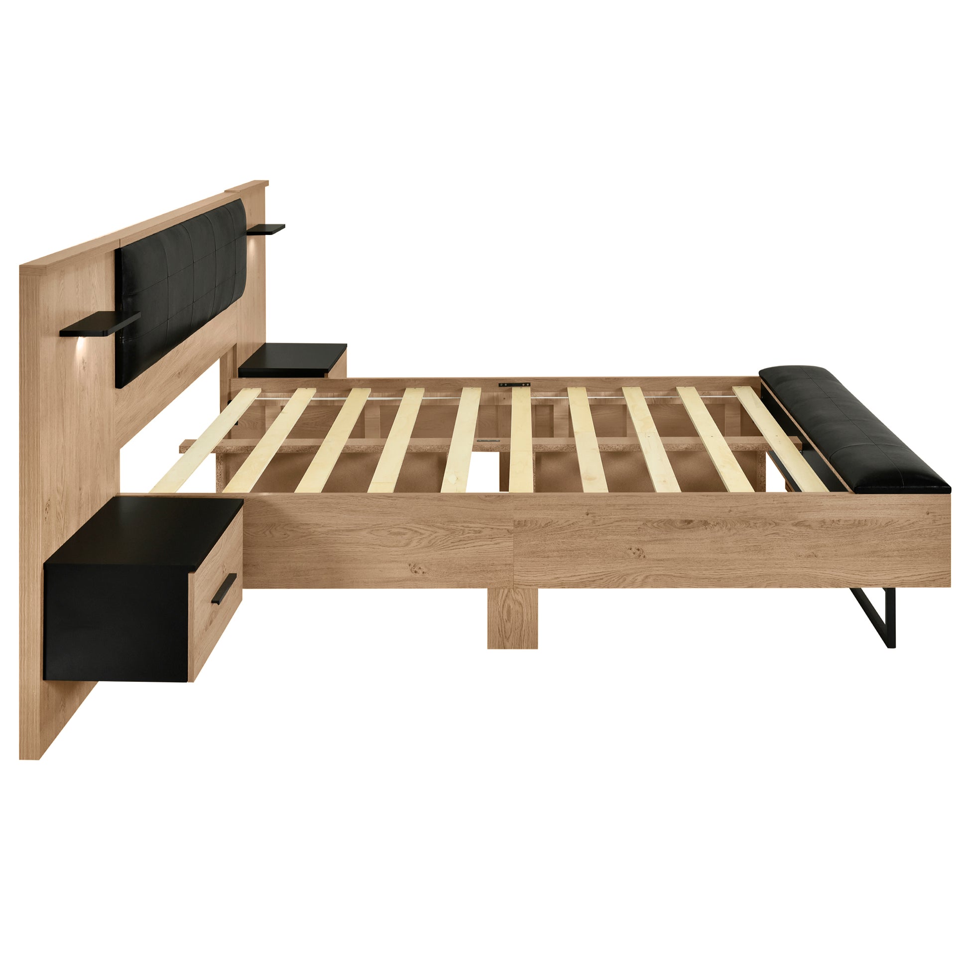 Queen Size Wood Platform Bed With Upholstered Headboard, Lights And Storage Nightstand, Bench, Walnut Box Spring Not Required Queen Walnut Wood Bedroom Bed Frame Faux Leather Solid Wood Mdf