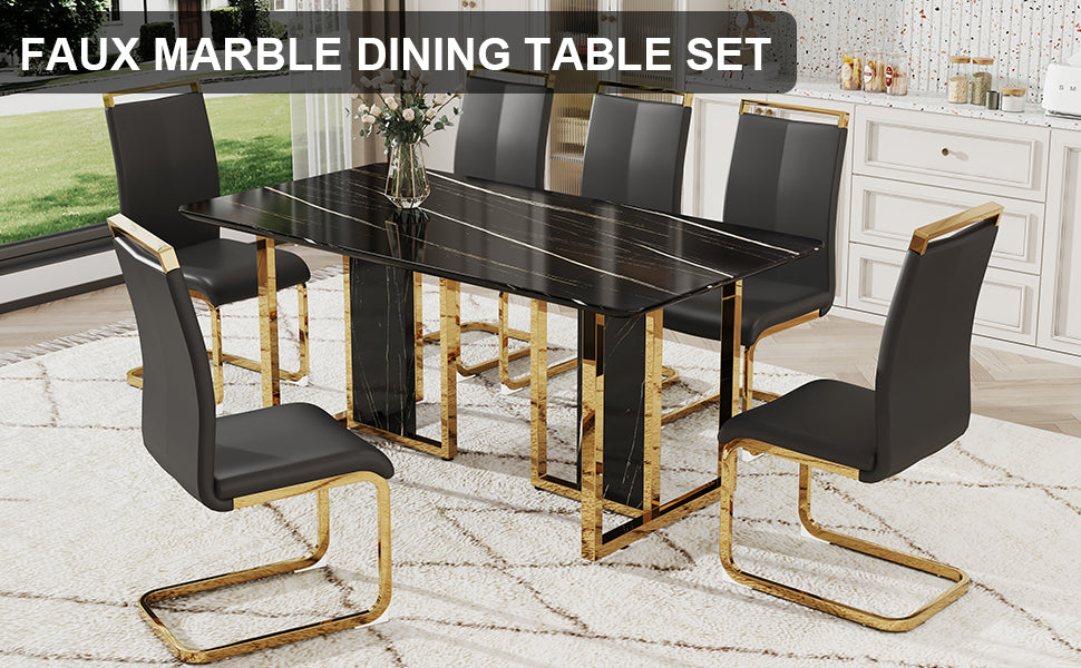 Table And Chair Set. Modern Dining Table With Mdf Top And Beautiful Mdf Legs. Equipped With Comfortable Pu Chairs And Metal Legs. Suitable For A Wide Range Of Decorative Styles. Black Seats 6 Mdf