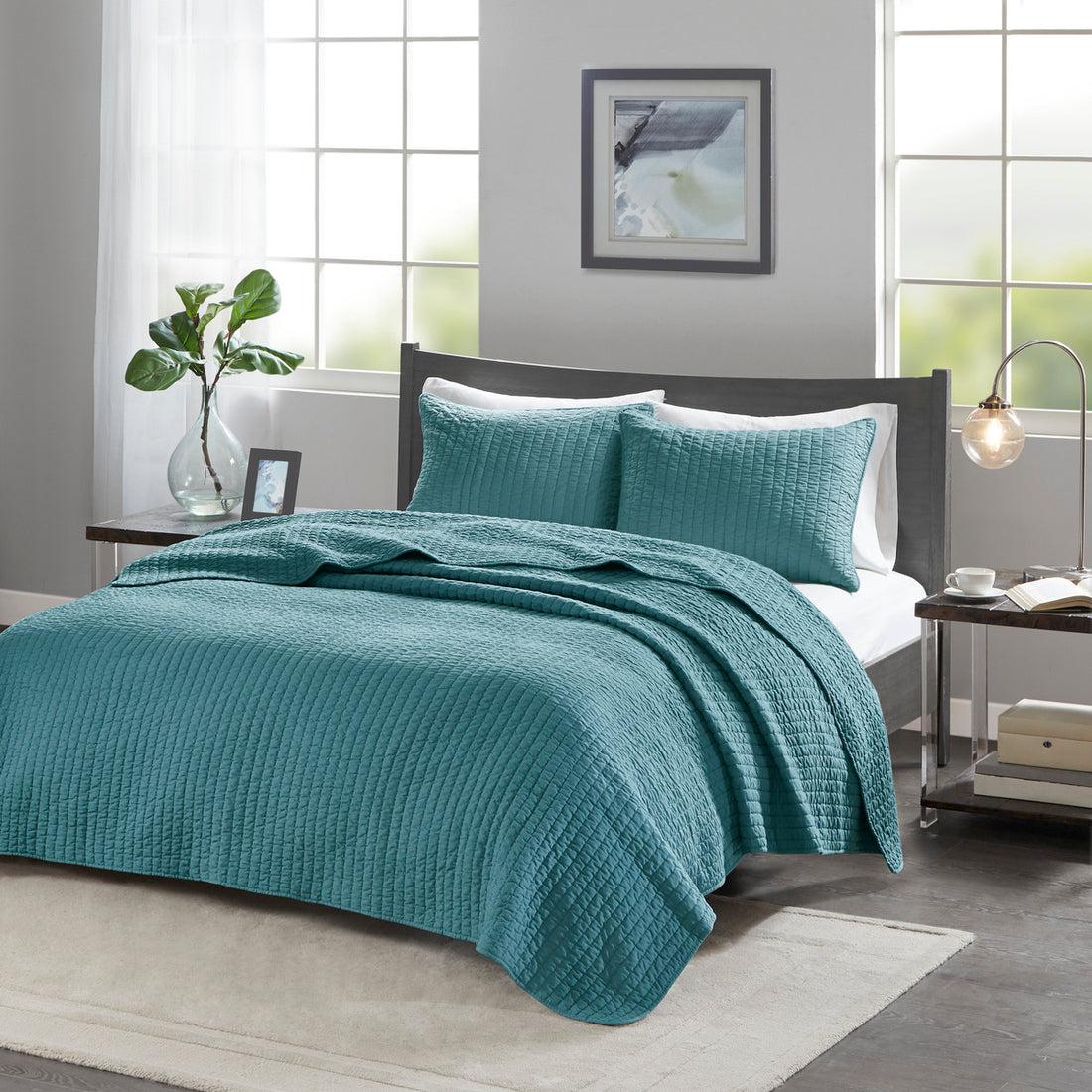 3 Piece Quilt Set Teal Full Queen Full Teal Microfiber