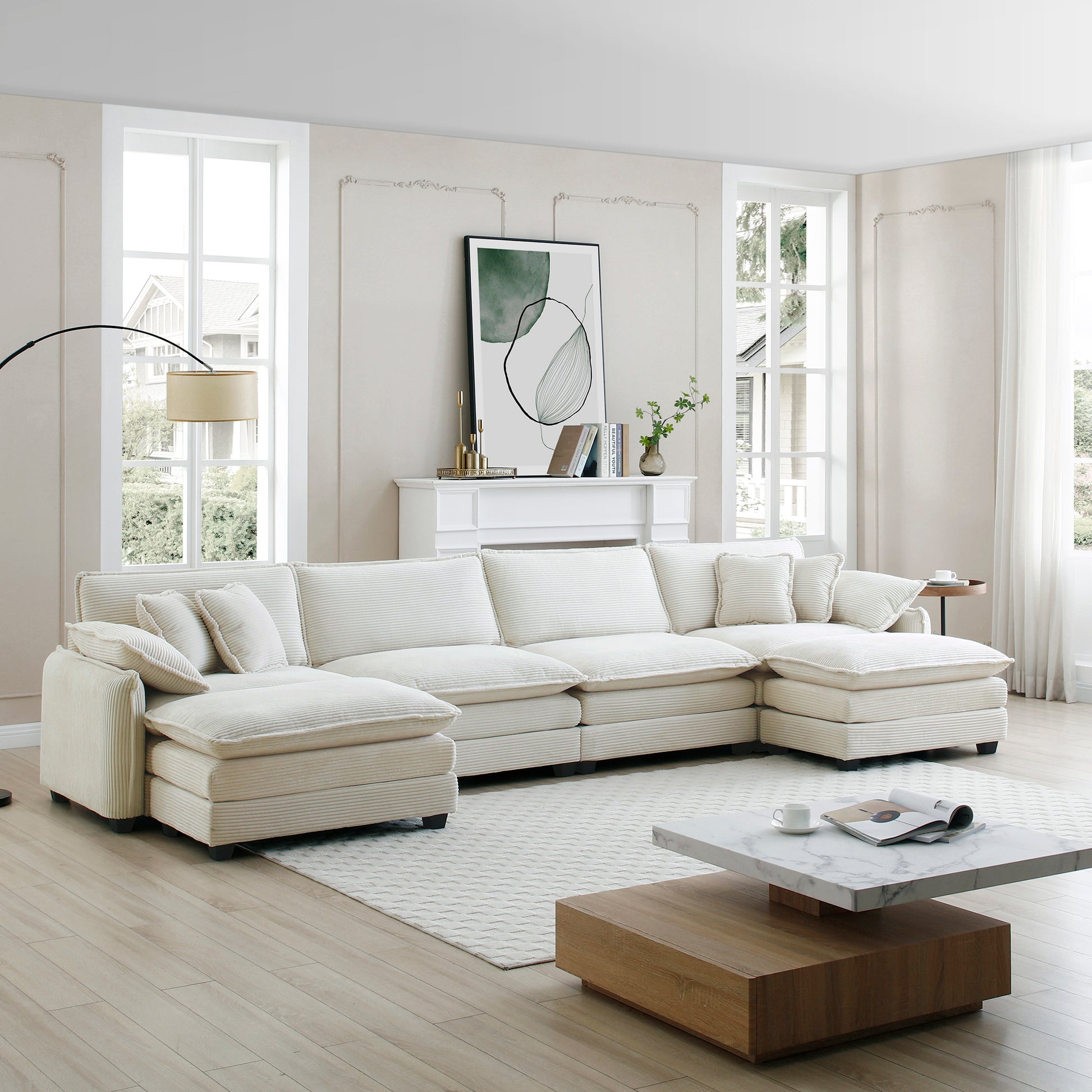 Over Size U Shape Corduroy Sofamodern Upholstered 4 Seater Sofa With 2 Ottomans, Premium Soft Corduroy Fabric Sofa Beige Corduroy 4 Seat