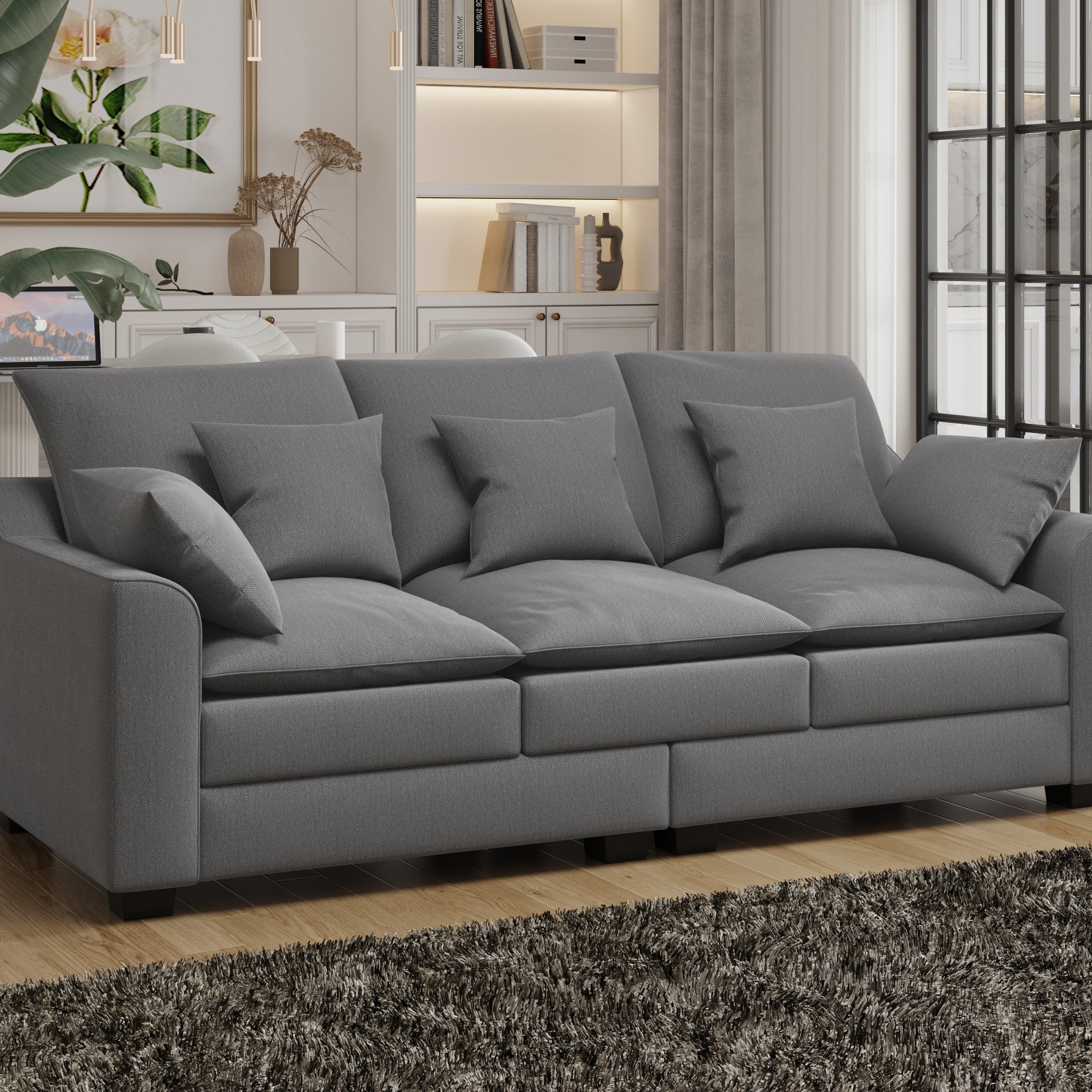 78.7" Sofa Couch 3 Seater Sofa With Pillows Polyester Upholstery Duck Down Filled Cushion Sofa For Living Room Apartment,Grey Grey Polyester Wood Primary Living Space Soft Cushion Back Foam Polyester 3 Seat