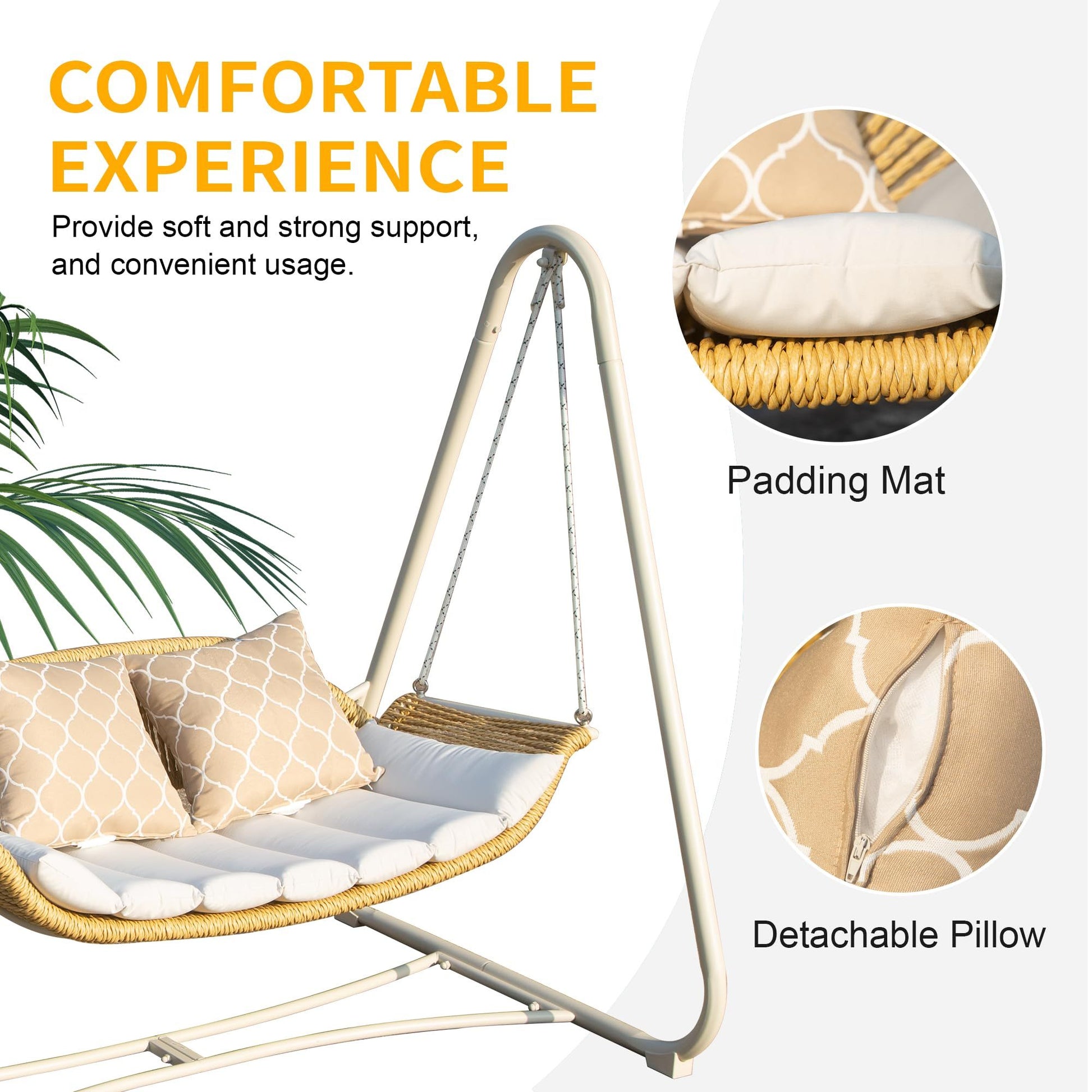 Outdoor Patio Porch Swing, 2 Seat Hanging Swing Chair With Thickened Cushions And Pillow, Rattan Porch Swing Chair Outdoor Hammock Chair For Porch, Backyard, Garden Yes White Garden & Outdoor 2 Person Seating Group Steel
