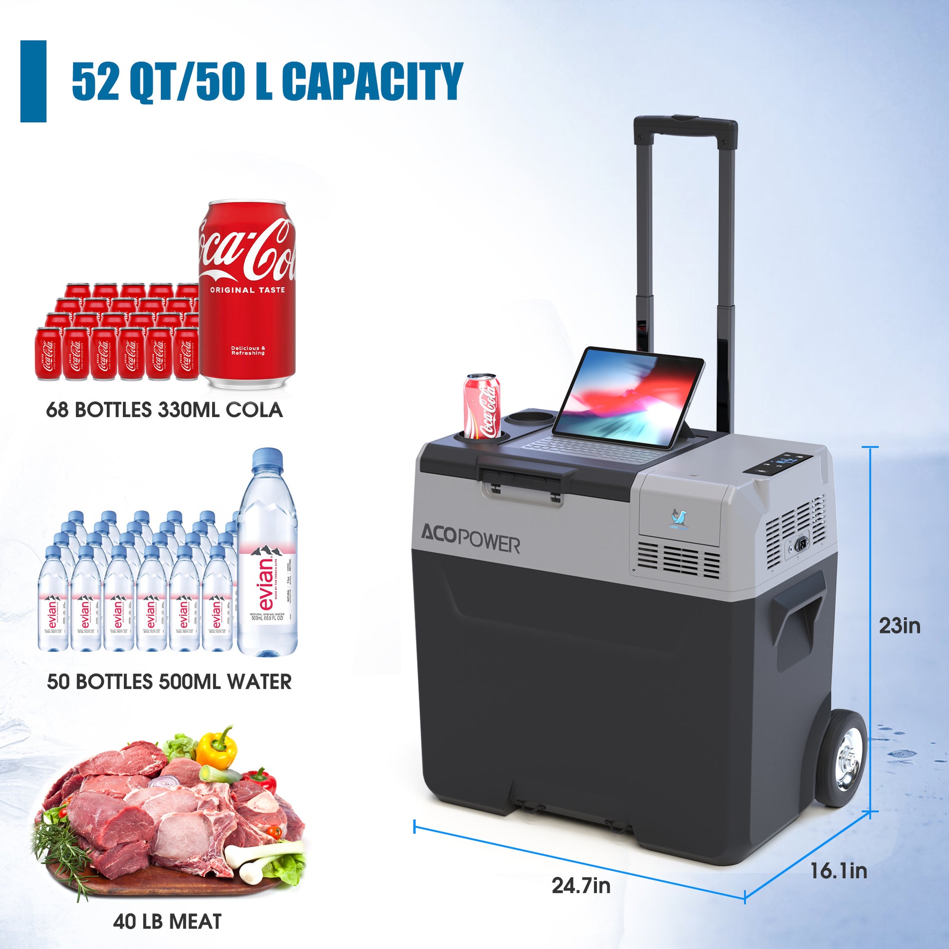 52Qt Car Freezer Portable Refrigerator With App Control And 6'' Off Road Wheels, 12V,45W Cooler Freezer,Low Noice Antique White Gray Plastic
