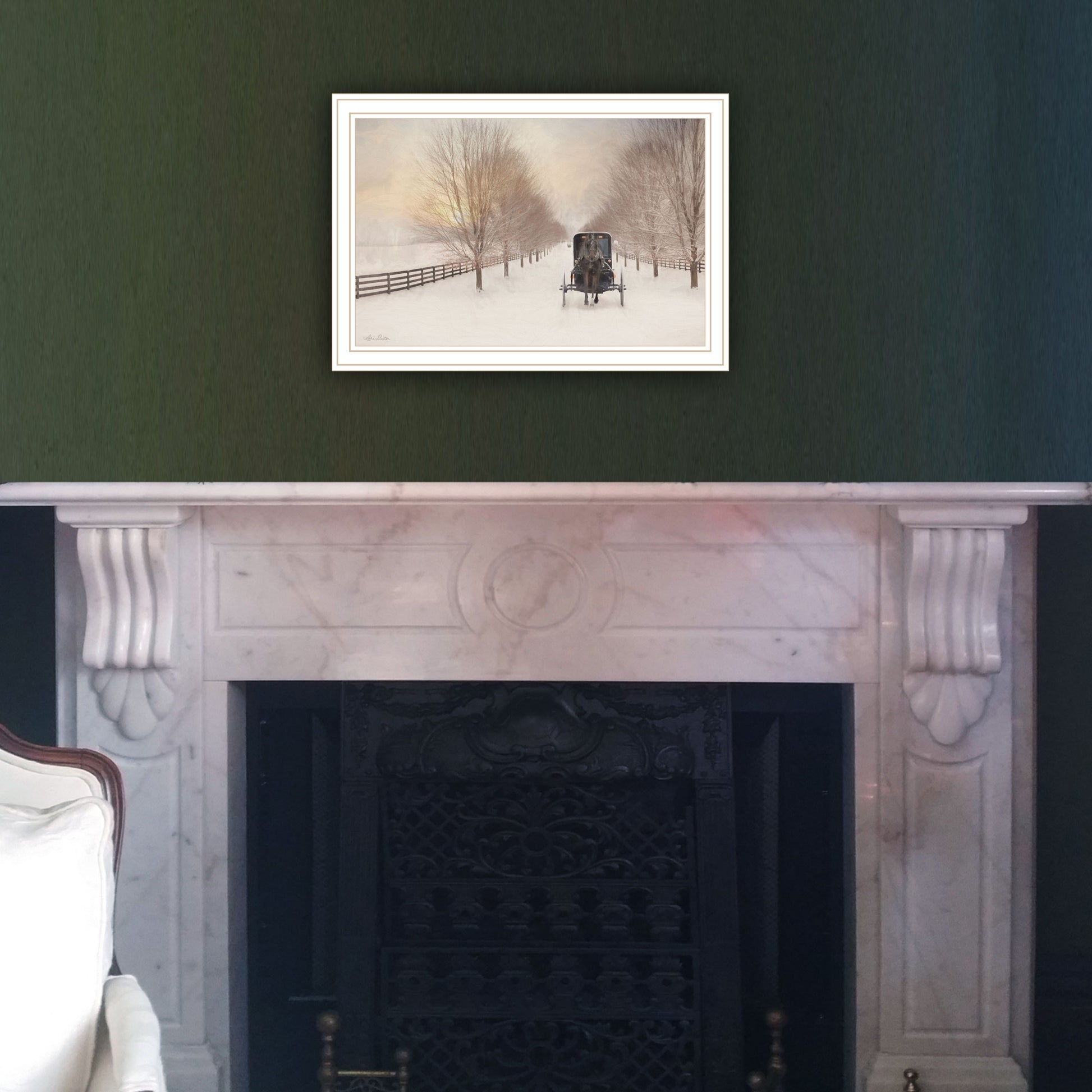 Snowy Amish Lane White Framed Wall Art For Living Room, Bedroom Wall Art Print For Home Decor By Lori Deiter Multi Wood Paper