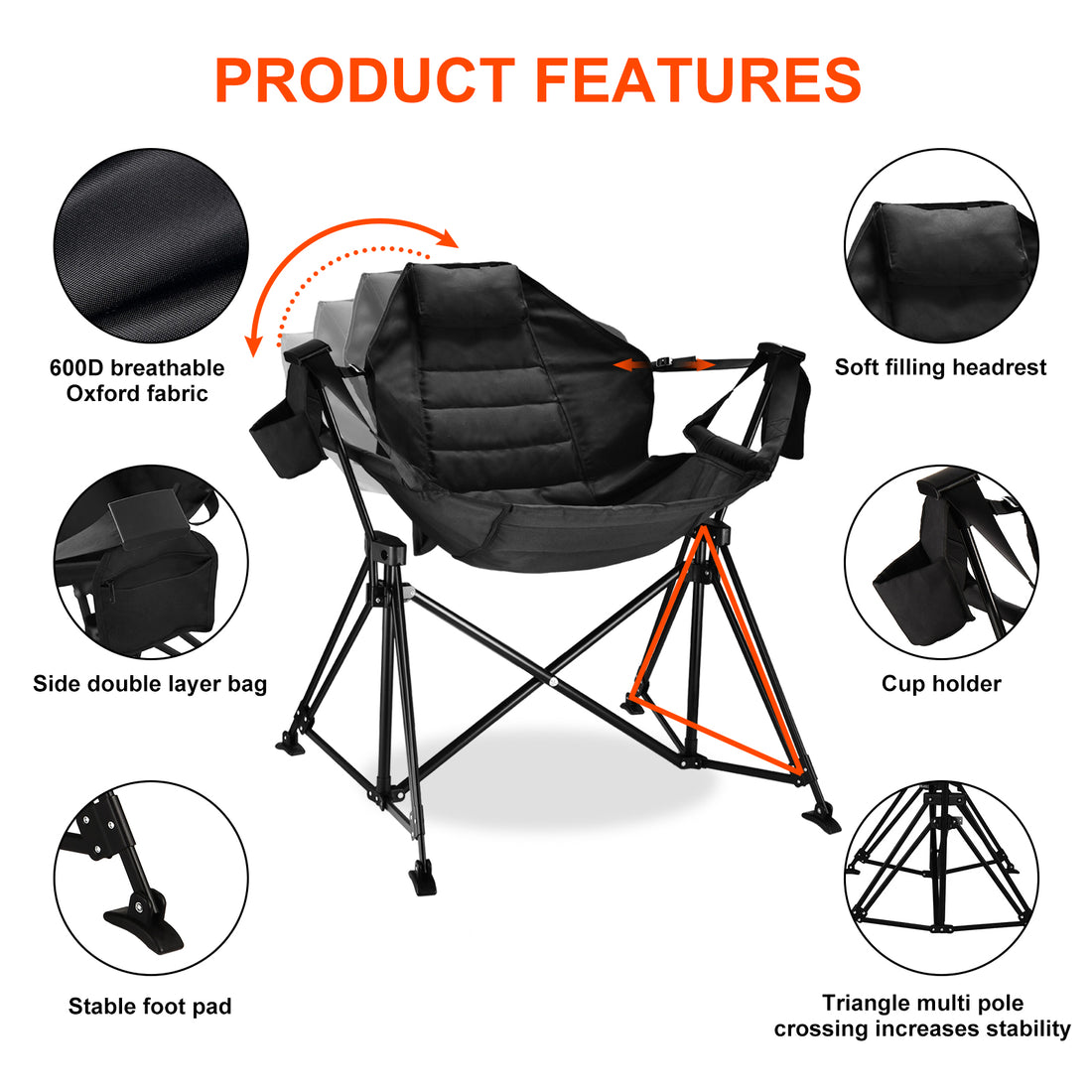 Hammock Camping Chair Folding 350 Lbs Foldable Portable Rocking Chairs For Adults Outside Swinging Camp With Stand Lawn Garden Hanging Outdoor Black Iron