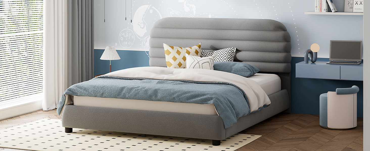 Queen Size Velvet Upholstered Platform Bed,Solid Frame And Stylish Curve Shaped Design, Gray Queen Gray Velvet