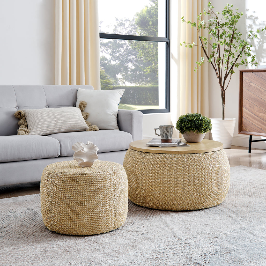 Round Storage Ottoman, Woven Rattan Fabric Ottoman, 2 In 1 Function, Work As End Table And Ottoman,With Small Seat Nature 25"X25"X14.7" Natural Foam