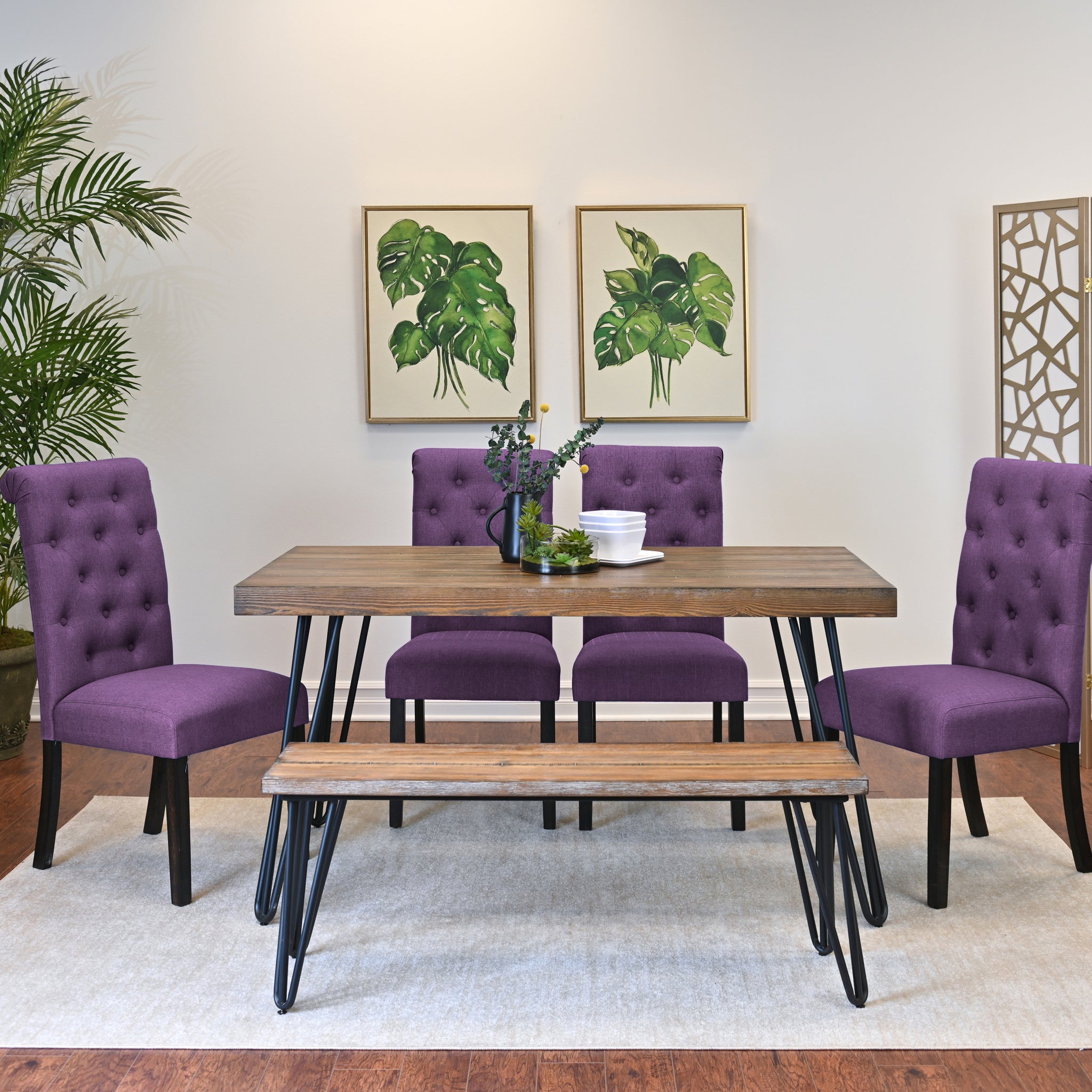 Ashford 6 Piece Dining Set, Hairpin Dining Table With 4 Chairs And Bench, 4 Color Options Brown Metal Dining Room Fixed Table Rubberwood Rectangular Dining Table With Chair And Bench Wood Wood Brown Seats 6 Rectangular 4 Leg Mdf Metal