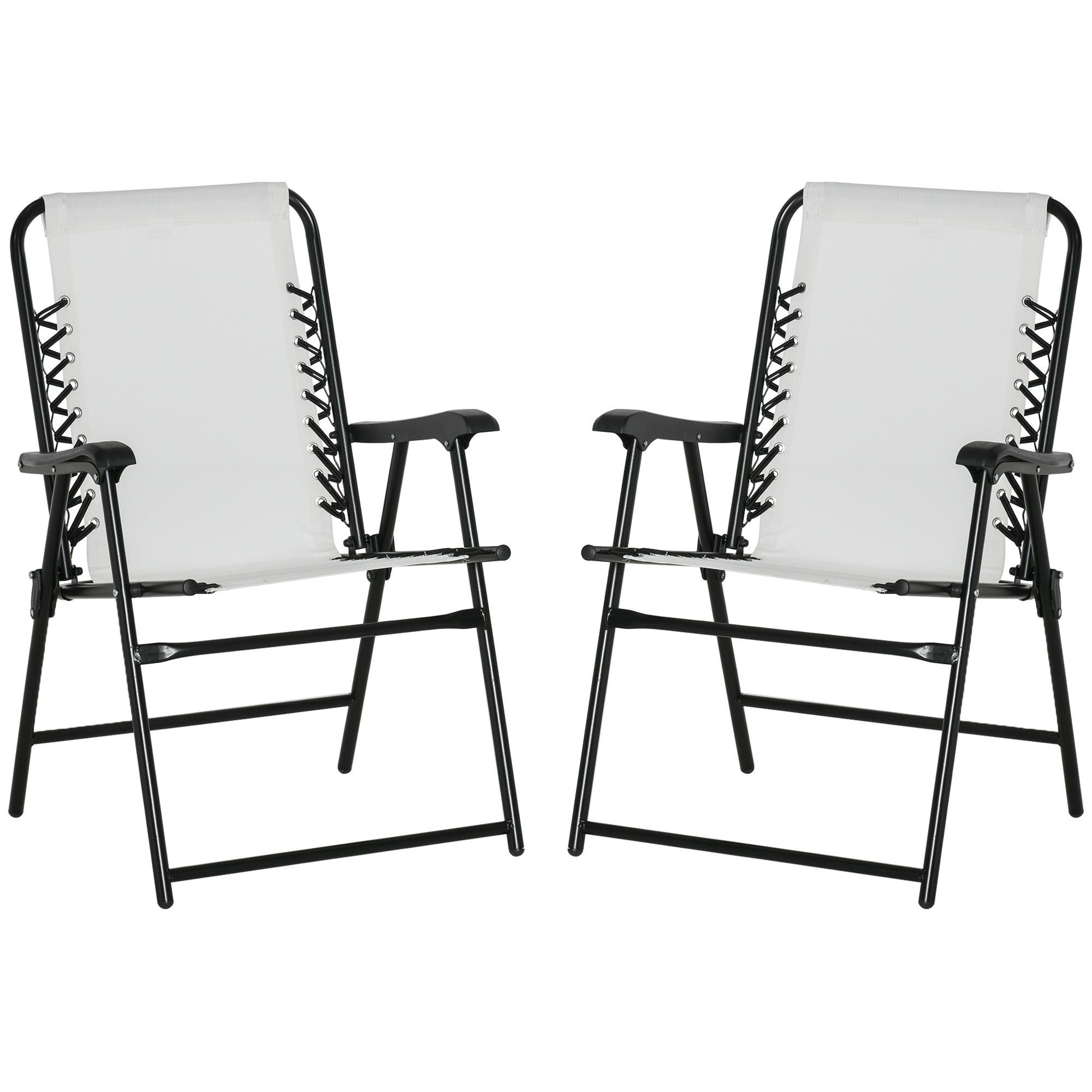Outsunny Set Of 2 Patio Folding Chairs, Outdoor Bungee Sling Chairs W Armrests, Portable Lawn Chairs For Camping, Garden, Pool, Beach, Backyard, Cream White White Steel