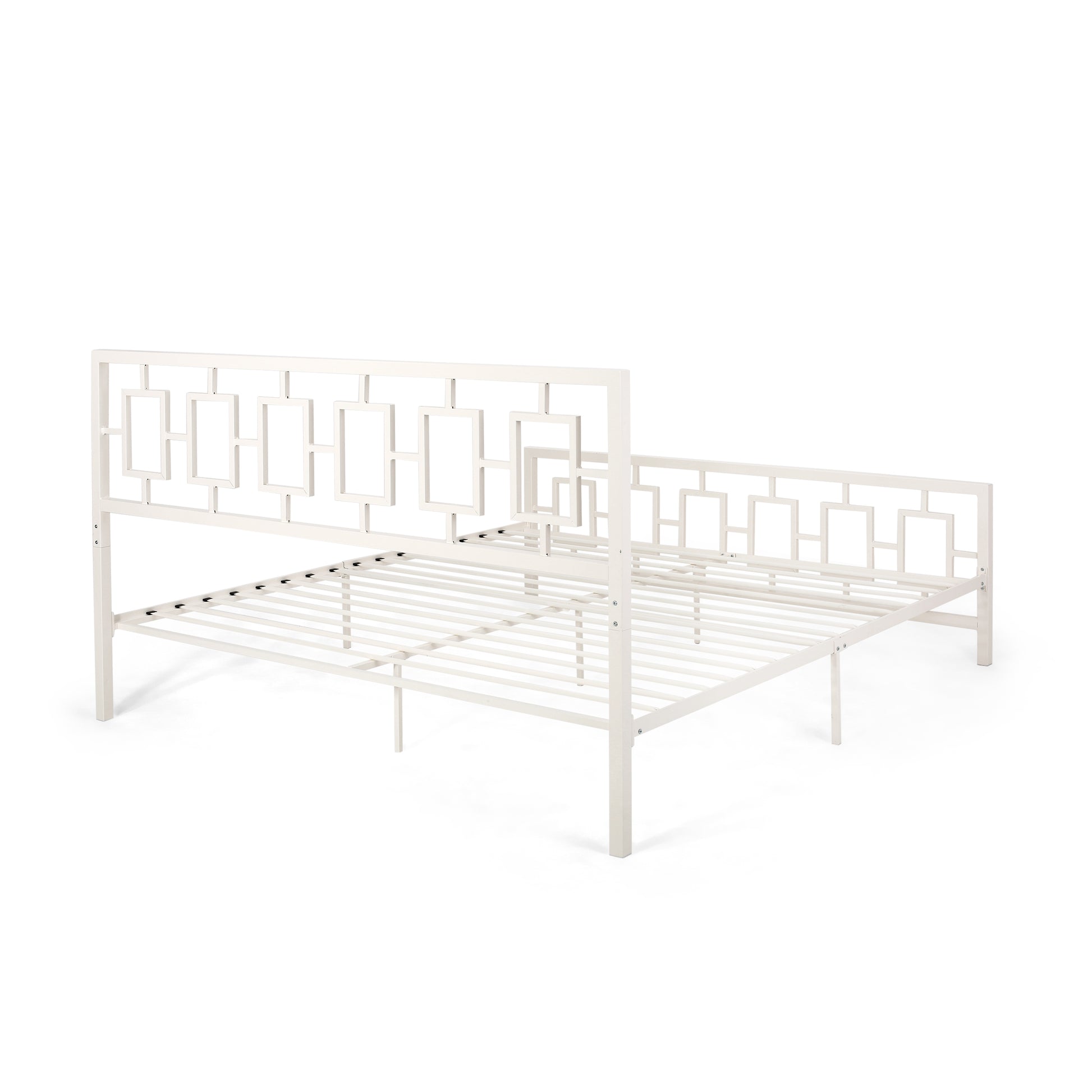 Classic King Size Metal Bed Frame With Vintage Headboard, No Box Spring Required, Under Bed Storage, White King White Iron