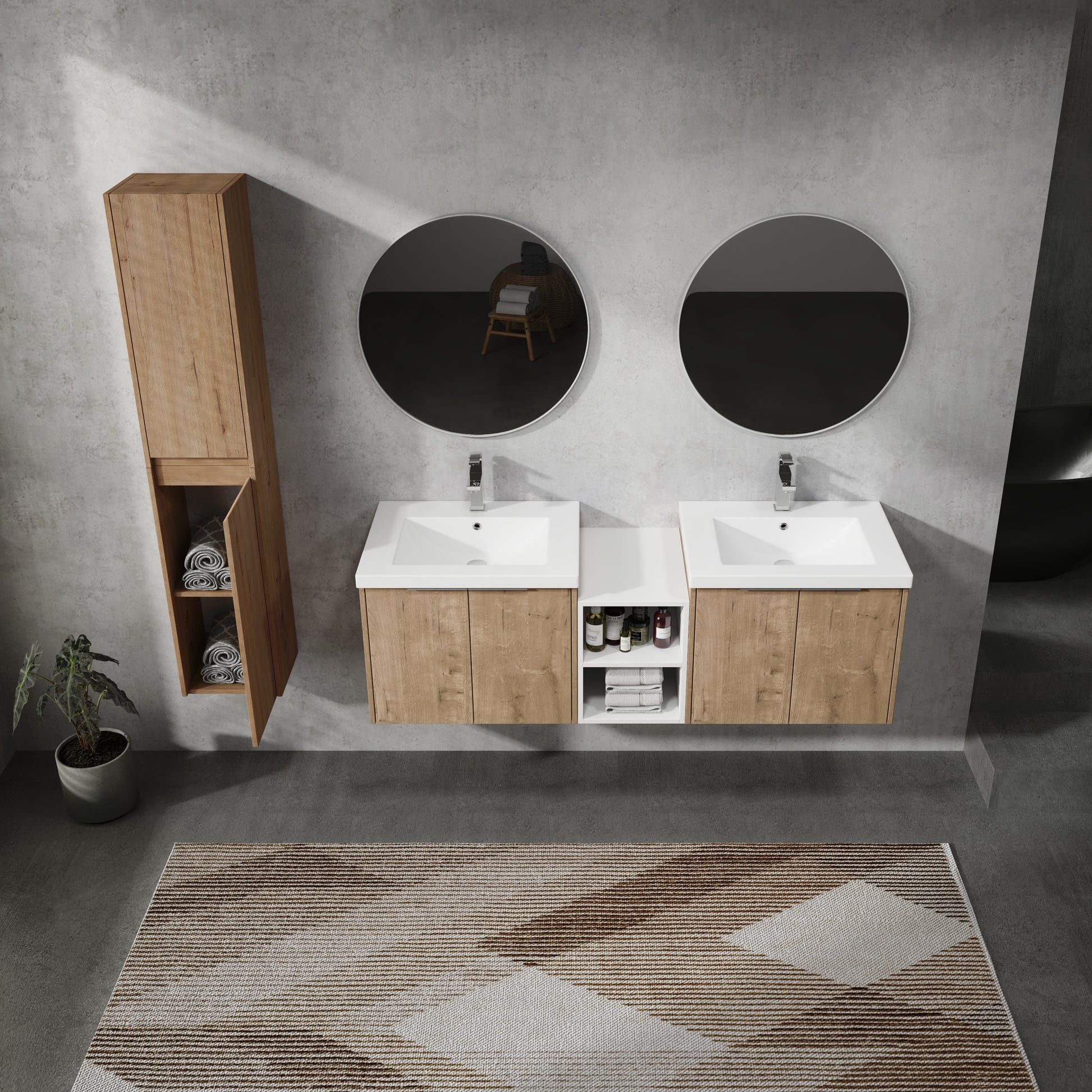 60" Wall Mounted Bathroom Vanity With Sink And Side Cabinet, Soft Close Doors,00112Imox2 0624Imox2 0612Gwh Combination Cabinet Kd Packing Imitative Oak Bathroom Modern Plywood Plywood