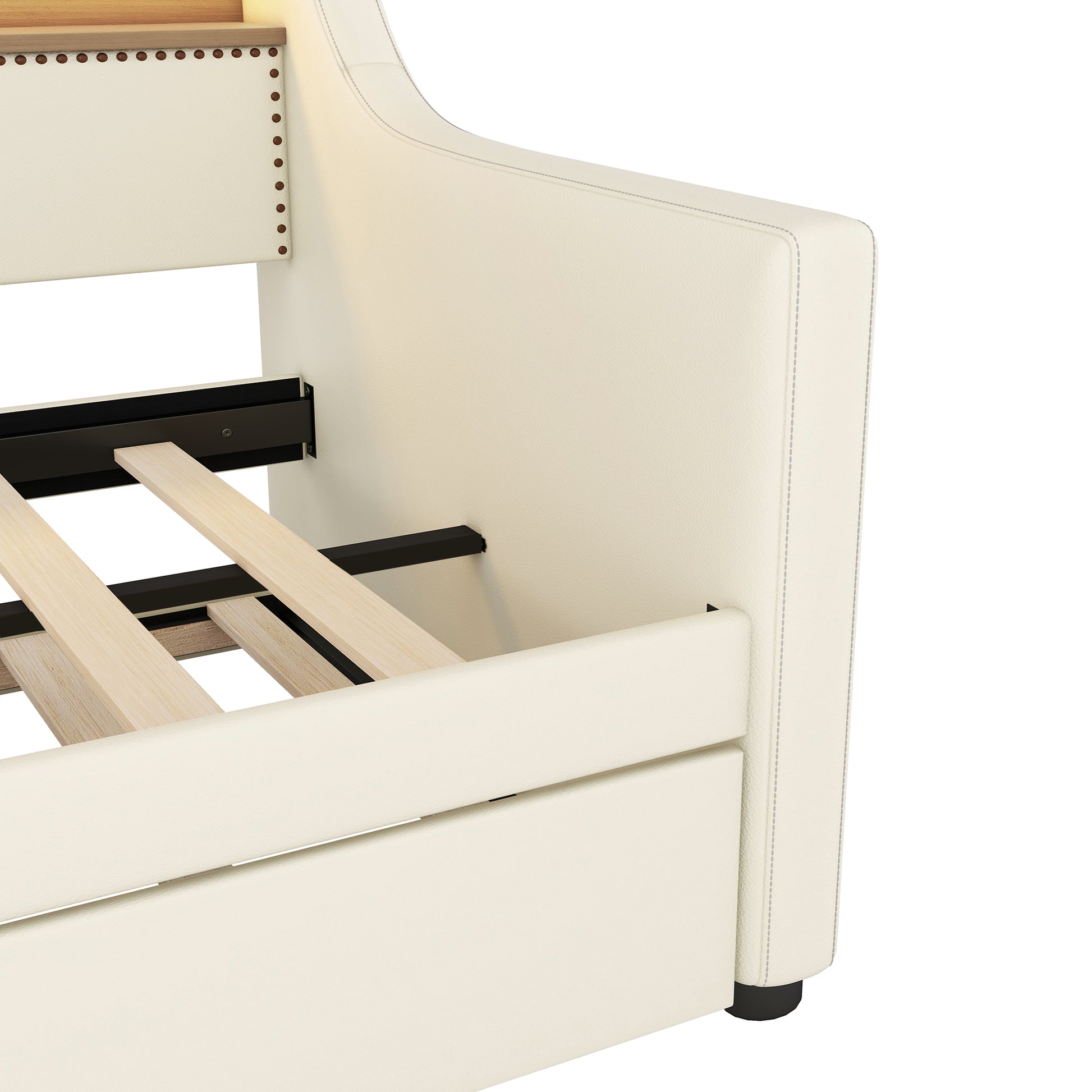 Twin Size Daybed With Trundle, Upholstered Daybed With Charging Station And Led Lights, White Twin White Pu Leather