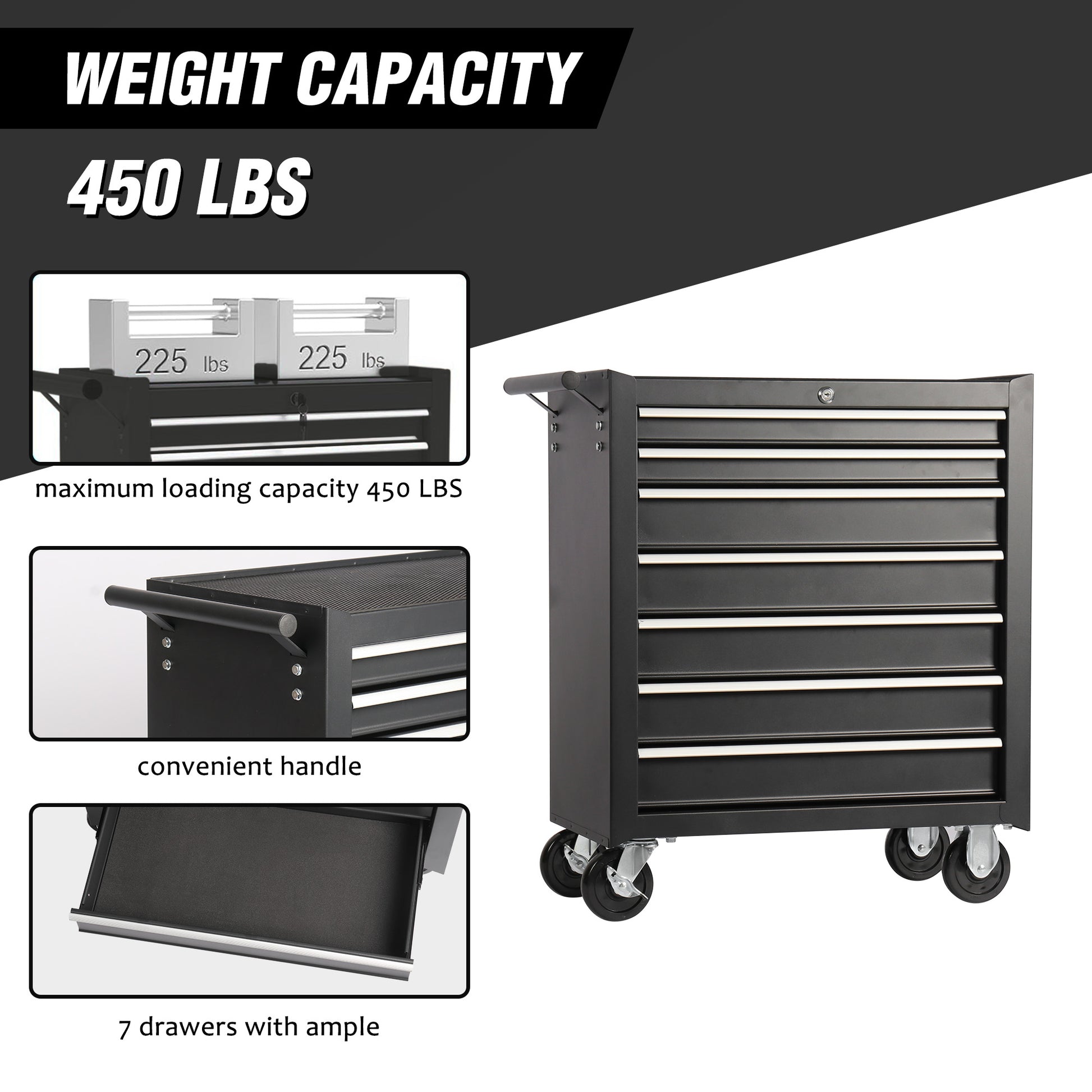 Rolling Tool Chest With 7 Drawer Tool Box With Wheels Multifunctional Tool Cart Mechanic Tool Storage Cabinet For Garage, Warehouse, Workshop, Repair Shop Black Steel