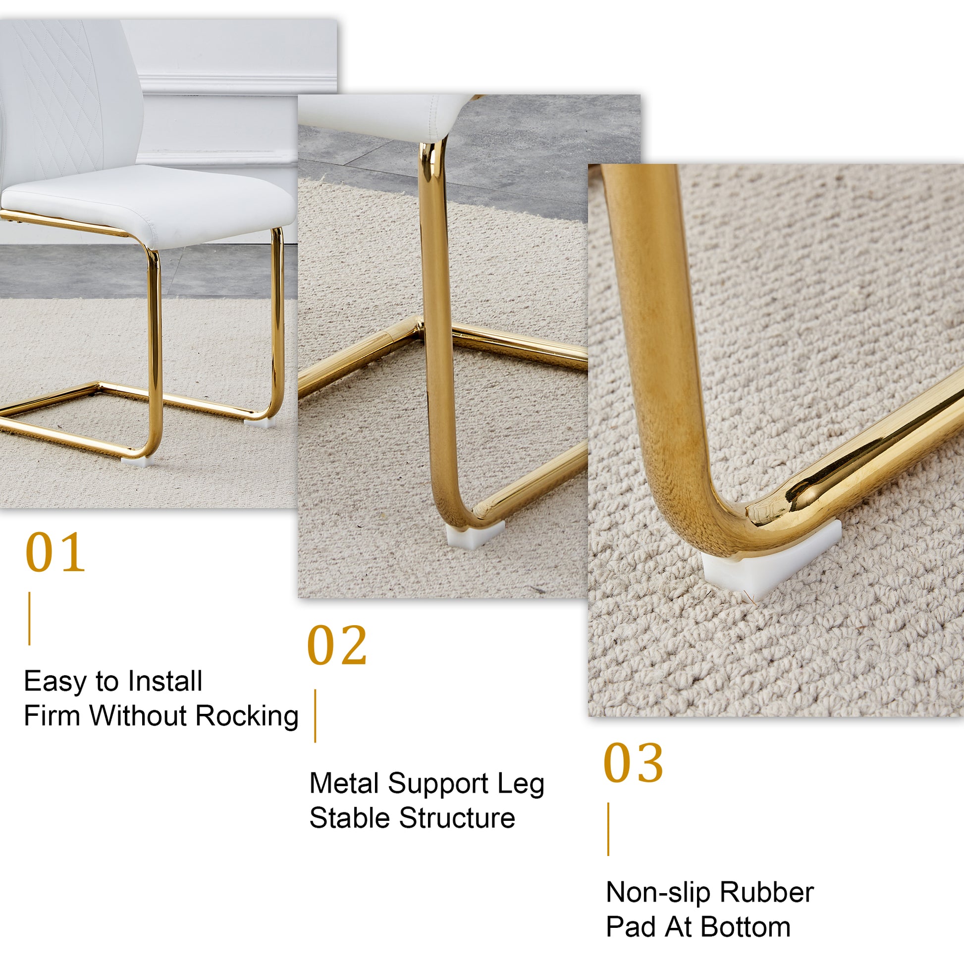 Table And Chair Set.Modern Rectangular Dining Table With Transparent Tempered Glass Tabletop And Gold Plated Metal Legs.Paried With 8 Comfortable Chairs With Pu Seats And Golden Metal Legs. Transparent,White Gold Seats 8 Glass Metal