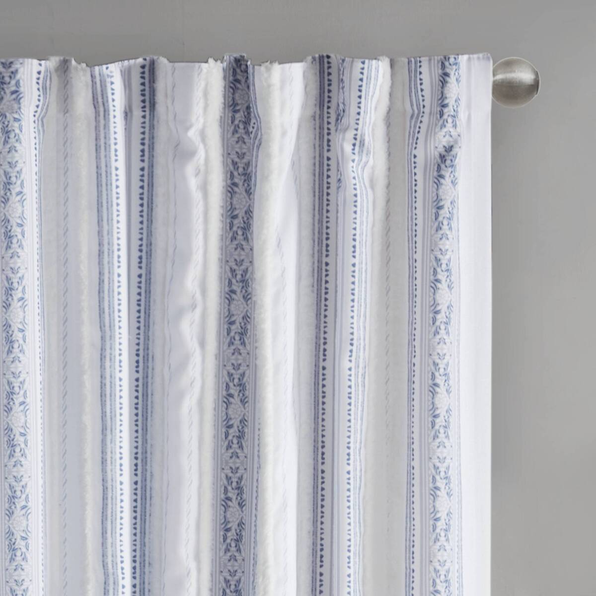 Poly Printed Curtain Panel With Tufted Stripe And Lining White Navy 50X95" Multicolor Polyester