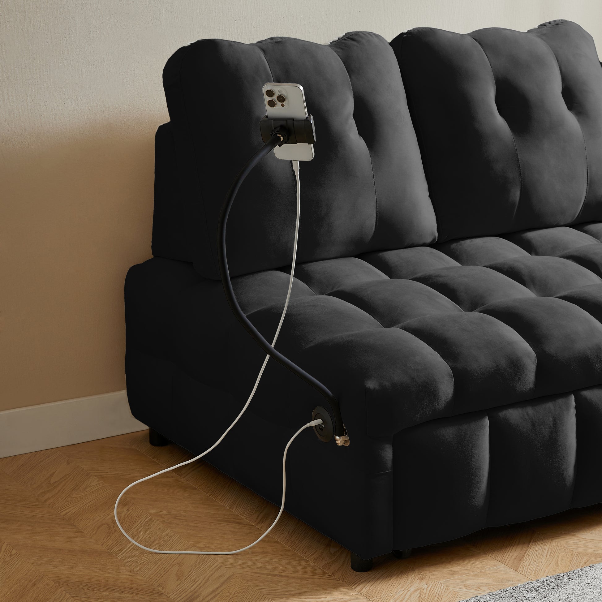 Modern Sofa Velvet Pull Out Bed,Independently Removable Backrest, Have Usb Port And Swivel Phone Stand ,Black Black Wood Velvet 2 Seat
