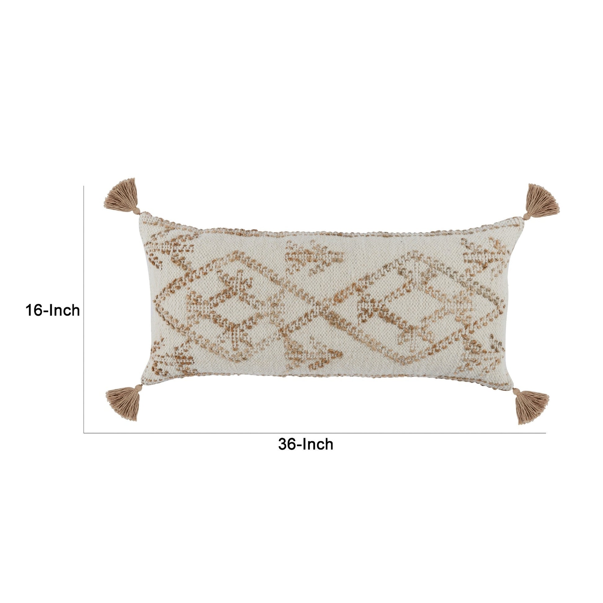 16 X 36 Lumbar Throw Pillow, Diamond Jute Cotton Cover, Tassels, Brown Brown White Polyester Blend