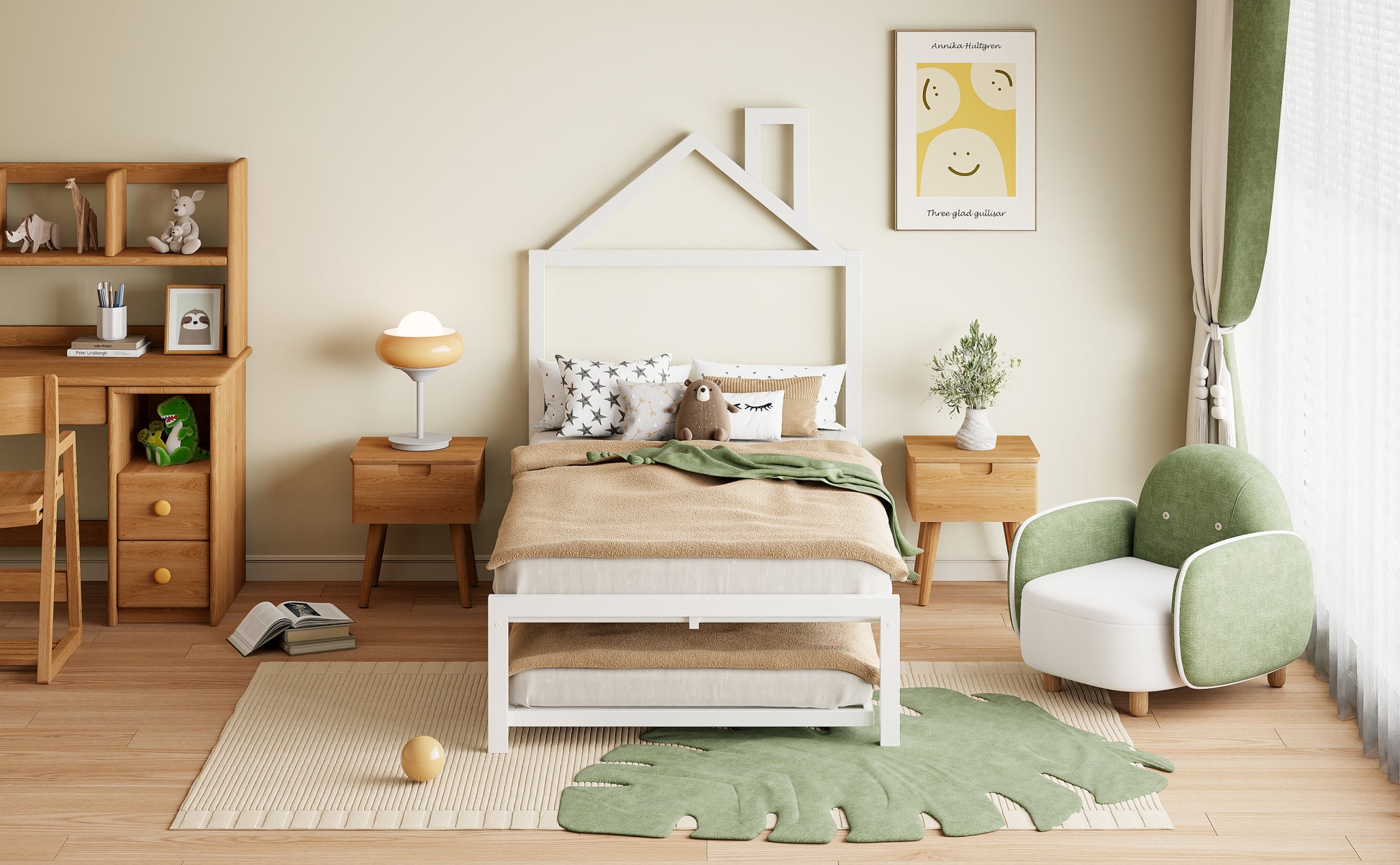 Twin Size Metal Platform Bed With Twin Size Trundle,House Shaped Headboard Design, White Twin White Metal