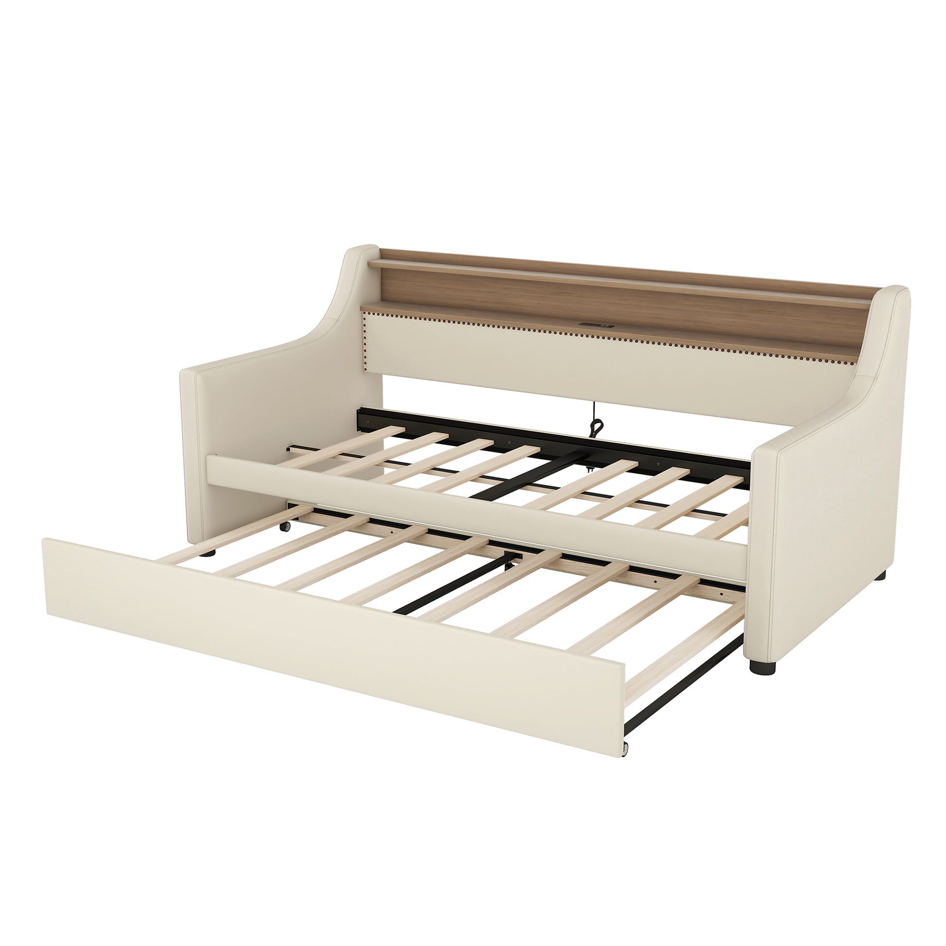 Twin Size Daybed With Trundle, Upholstered Daybed With Charging Station And Led Lights, Beige Expect Arrive Date:May 20Th. Twin Beige Pu Leather