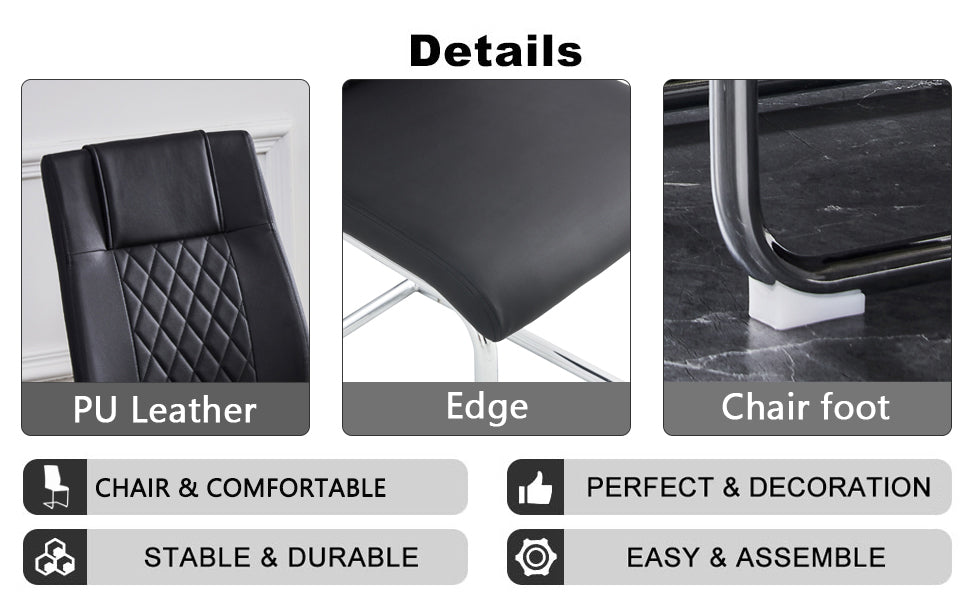 Table And Chair Set.Modern Dining Table, Tempered Glass Countertop With Artistic Mdf Legs.Paried With 4 Comfortable Chairs With Pu Seats And Metal Legs. Suitable For Various Decoration Styles. Black,Transparent Seats 4 Mdf Glass