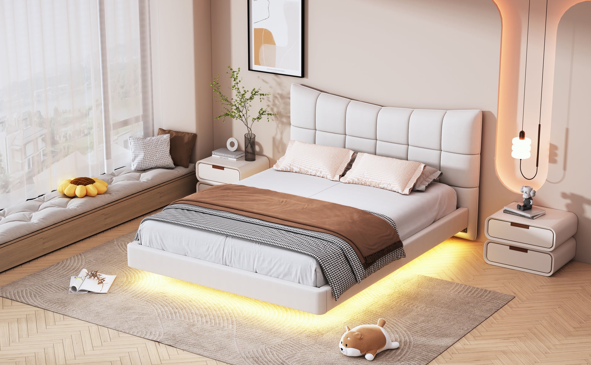 Full Size Upholstered Platform Bed With Led Lights,Usb Ports And Outlets,Linen Fabric,Beige Full Beige Wood Metal