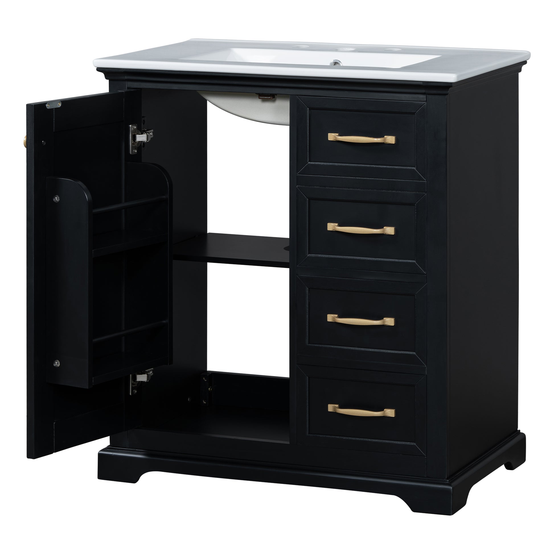30" Bathroom Vanity With Sink, One Package, Black Bathroom Cabinet With Drawers, Solid Frame And Mdf Board Black Solid Wood Mdf