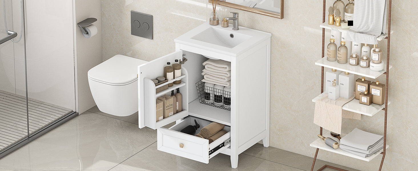 20" Bathroom Vanity With Sink, Bathroom Cabinet With Soft Closing Door, Storage Rack And A Drawer, White White Mdf