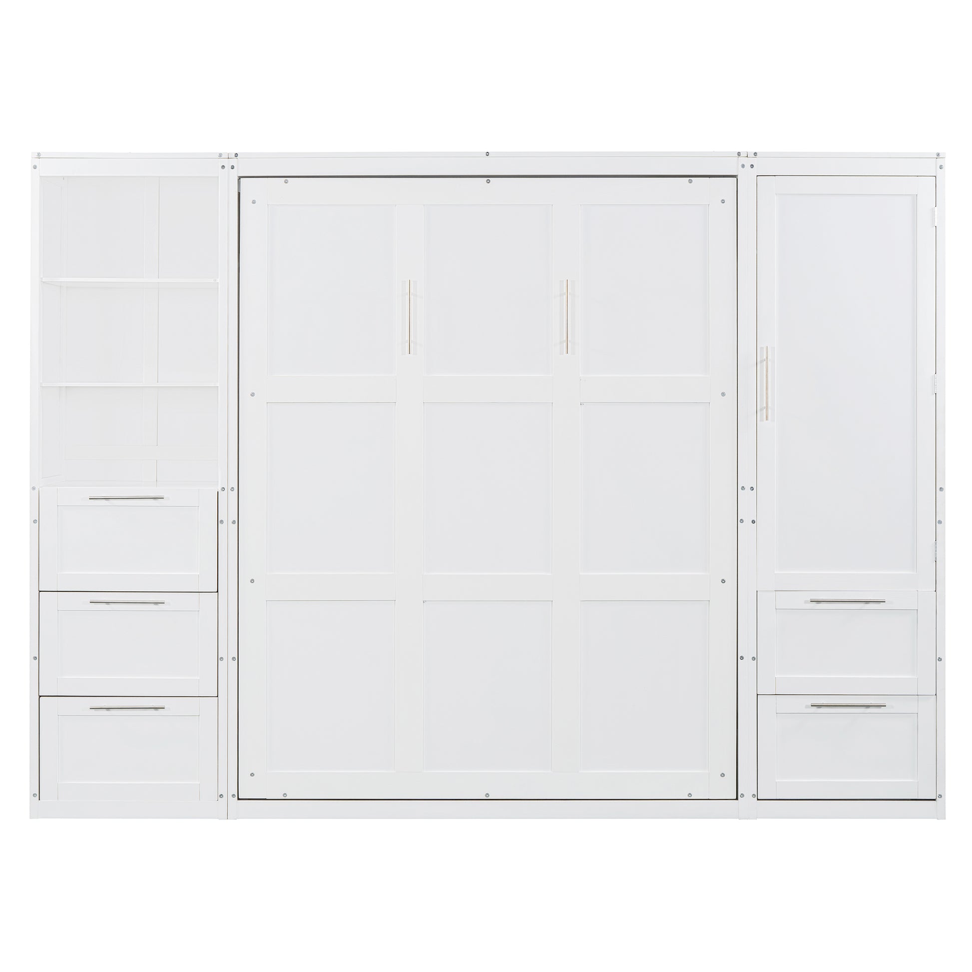 Queen Size Murphy Bed Wall Bed With Closet ,Drawers And Shelves,White Queen White Mdf Lvl