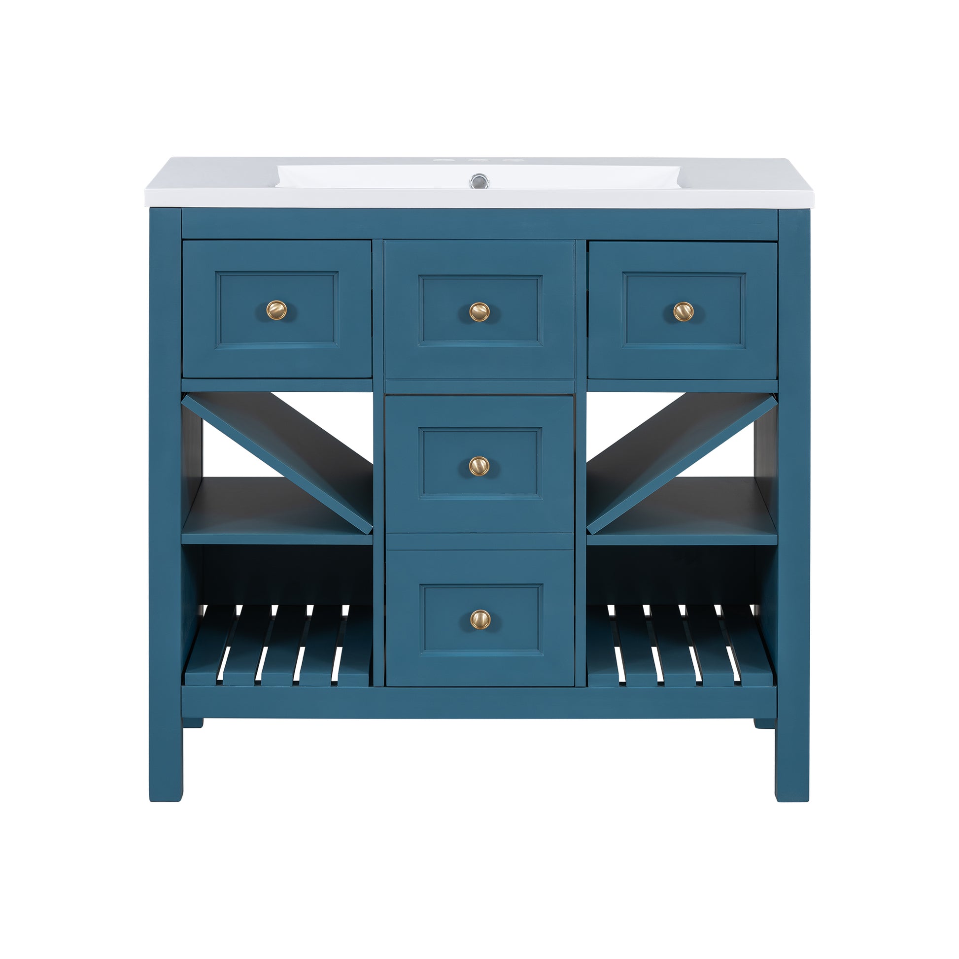 36'' Bathroom Vanity With Resin Sink Combo, Solid Wood Frame Bathroom Storage Cabinet, Freestanding Vanity Set With 5 Drawers& Soft Closing Doors Same As N710S136001C Blue Bathroom Solid Wood Mdf Resin