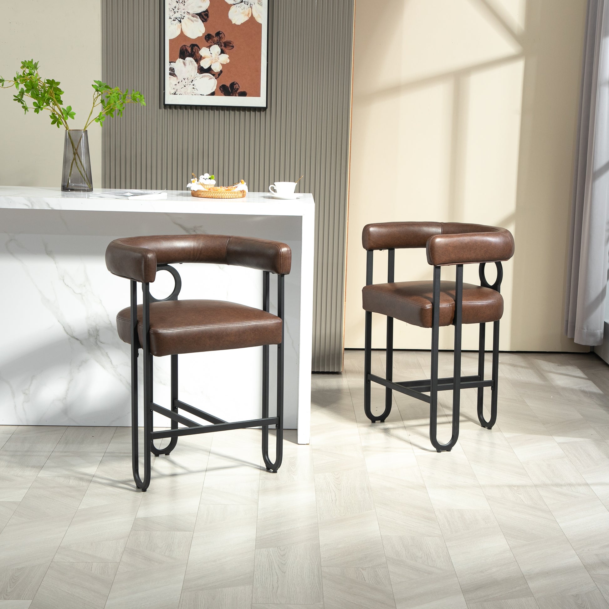 Coolmore Bar Stools Set Of 2, Modern Bar Stool With Back, Black Metal Frames, Upholstered Bar Stools For Kitchen Island, Pub, Club Dark Brown Pu Dark Brown Dining Room Foam Pu Leather