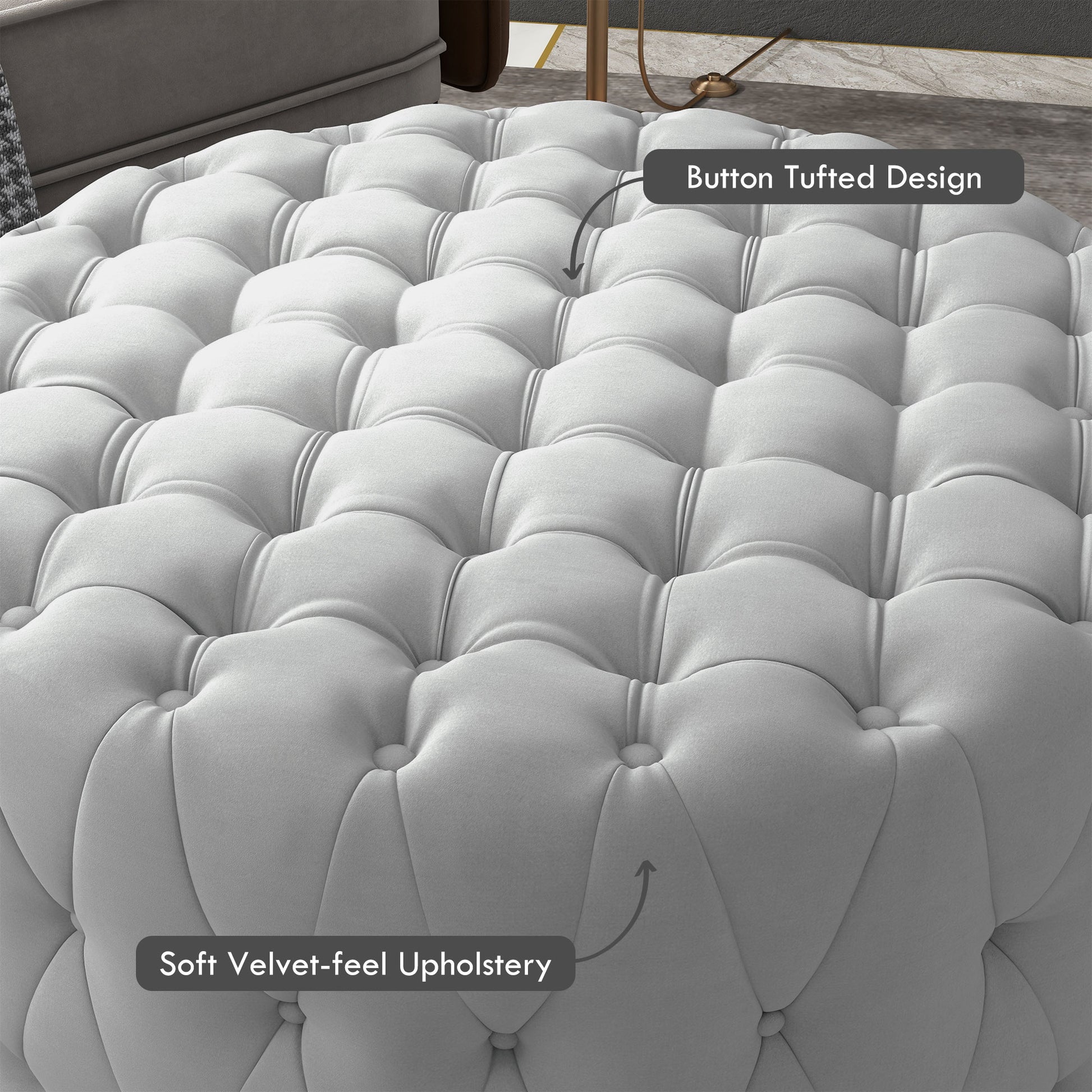Homcom Button Tufted Ottoman Foot Stool With Velvet Feel Upholstery, Gray Light Gray Polyester