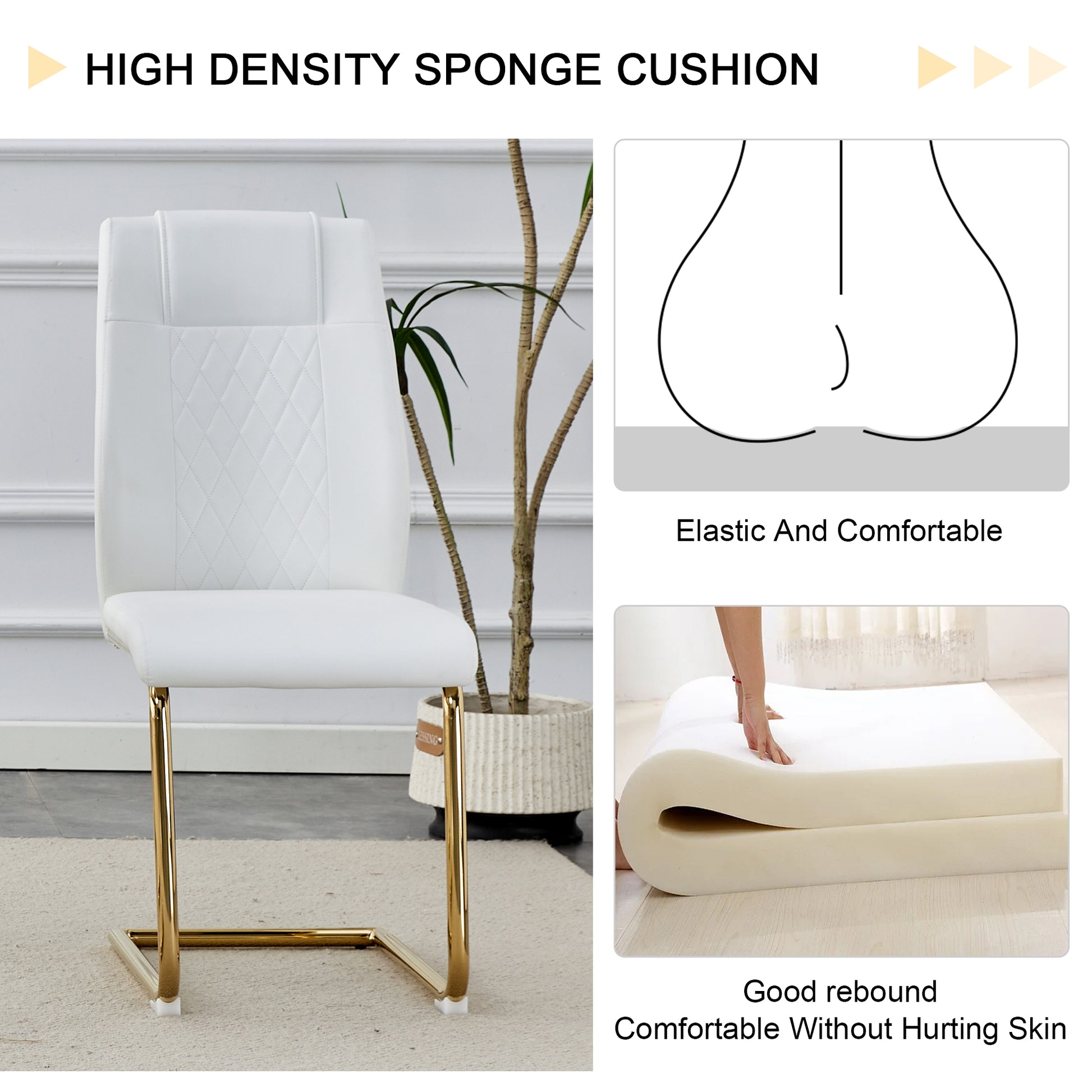 Table And Chair Set.Large Modern Rectangular Table With 0.4 Inch Patterned Glass Tabletop And Large Mdf Table Legs.Comes With 6 Chairs With Faux Leather Cushioned Seats And Golden Metal Legs. Gold White Seats 6 Mdf Glass