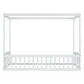 Twin Size Canopy Frame Floor Bed With Fence, Guardrails,White Twin White American Design Pine