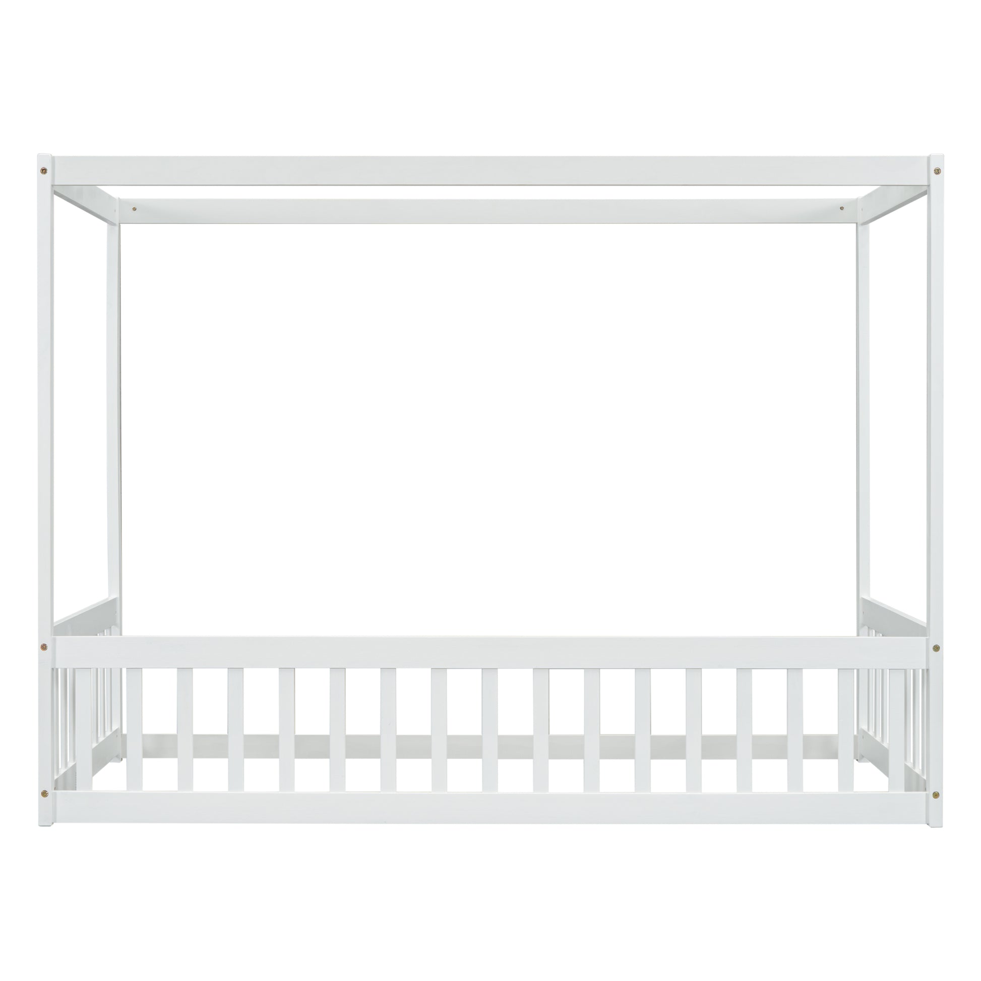 Twin Size Canopy Frame Floor Bed With Fence, Guardrails,White Twin White American Design Pine