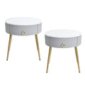 19.6'' Easy Assembly End Tables With High Gloss Faux Marble Tabletops, Set Of 2, Modern Fluted 2 Side Tables With Drawers, Round Coffee Tables With Golden Legs For Living Room, Grey Grey Gold Primary Living Space Drawers Round Mdf Iron