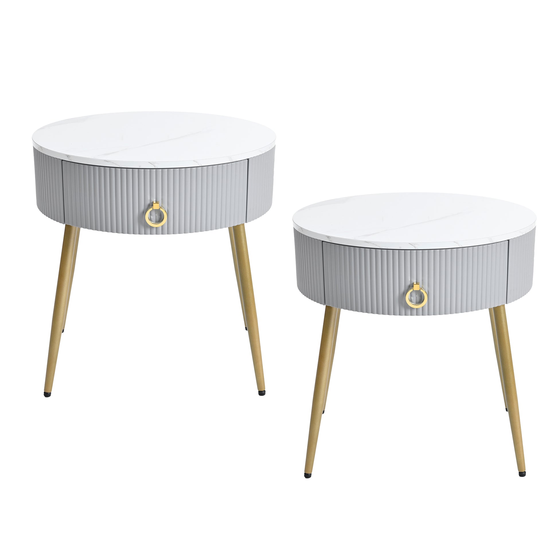 19.6'' Easy Assembly End Tables With High Gloss Faux Marble Tabletops, Set Of 2, Modern Fluted 2 Side Tables With Drawers, Round Coffee Tables With Golden Legs For Living Room, Grey Grey Gold Primary Living Space Drawers Round Mdf Iron