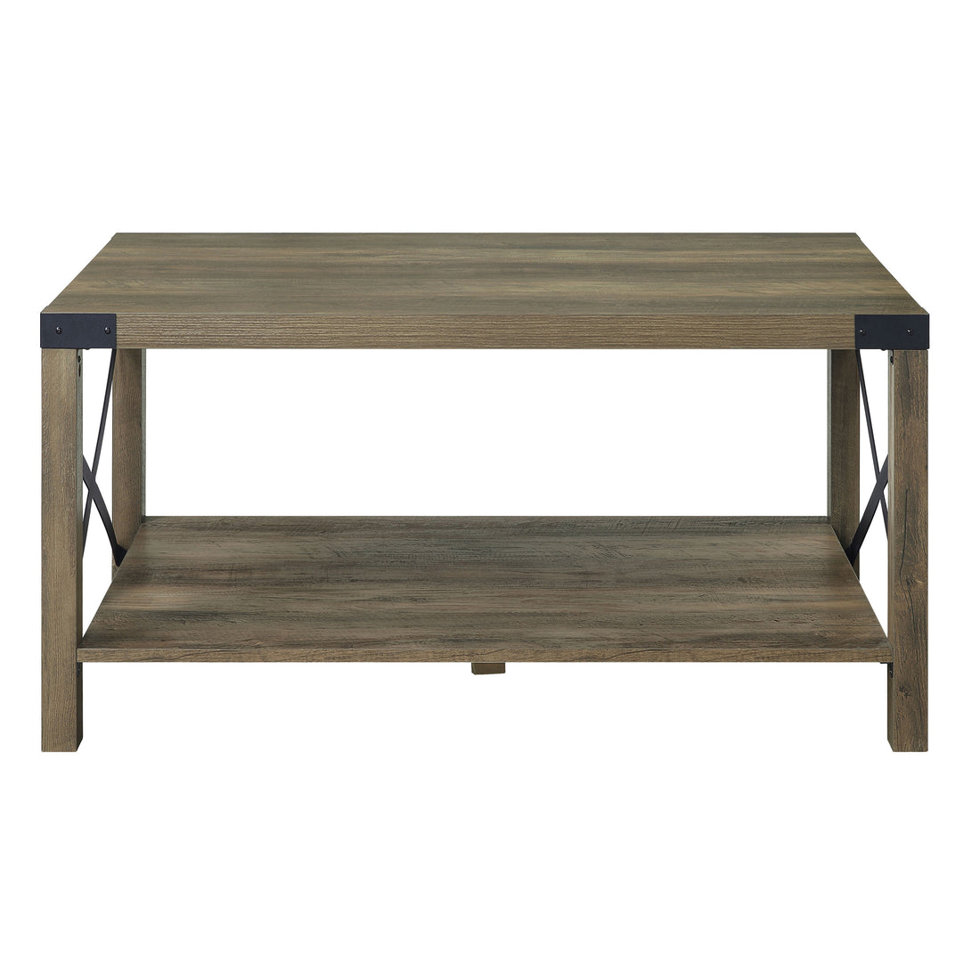 Rustic Oak Coffee Table With Bottom Shelf Rustic Primary Living Space Shelves Rectangular Wood Metal
