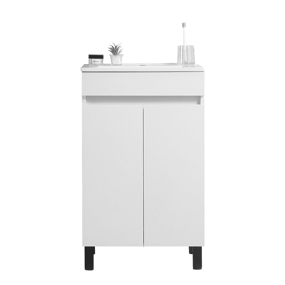 20 "White Bathroom Cabinet Black Tripod With Ceramic Sink White Solid Wood