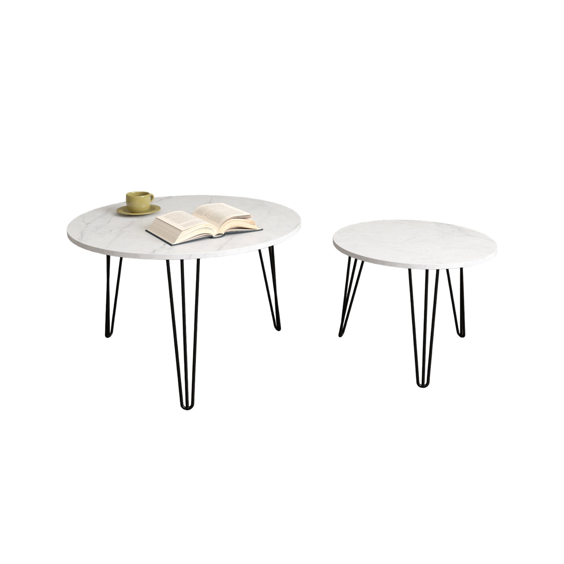 27.56'' Round Nesting Coffee Table Set Of 2, Circular Nesting End Table Set, Round Marble Tabletop, And Sturdy Metal Base For Living Room, Bedroom, White White Round Wood Metal