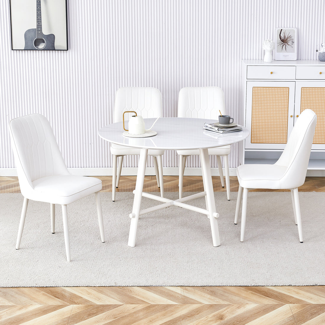 Table And Chair Set, Mdf Desktop, White Metal Table Legs, Stable And Beautiful, Suitable For Most Styles Of Home. Modern Simple Dining Table, Comfortable Seating. White Seats 4 Mdf