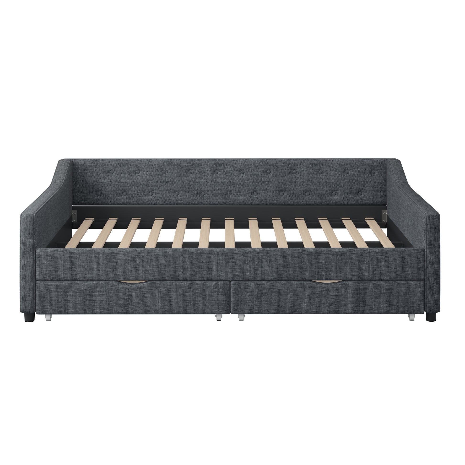 Full Size Daybed With Drawers Upholstered Tufted Sofa Bed, With Button On Back And Piping On Waved Shape Arms Dark Grey Full Dark Grey Wood Fabric