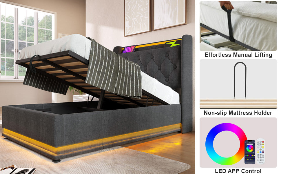 Twin Size Upholstered Bed, 360 Surround Led Function, Buttons Apps Remote Control, Hydraulic Storage Bed With Usb Type C Charging, Gray,Linen Without Mattress Twin Gray Linen