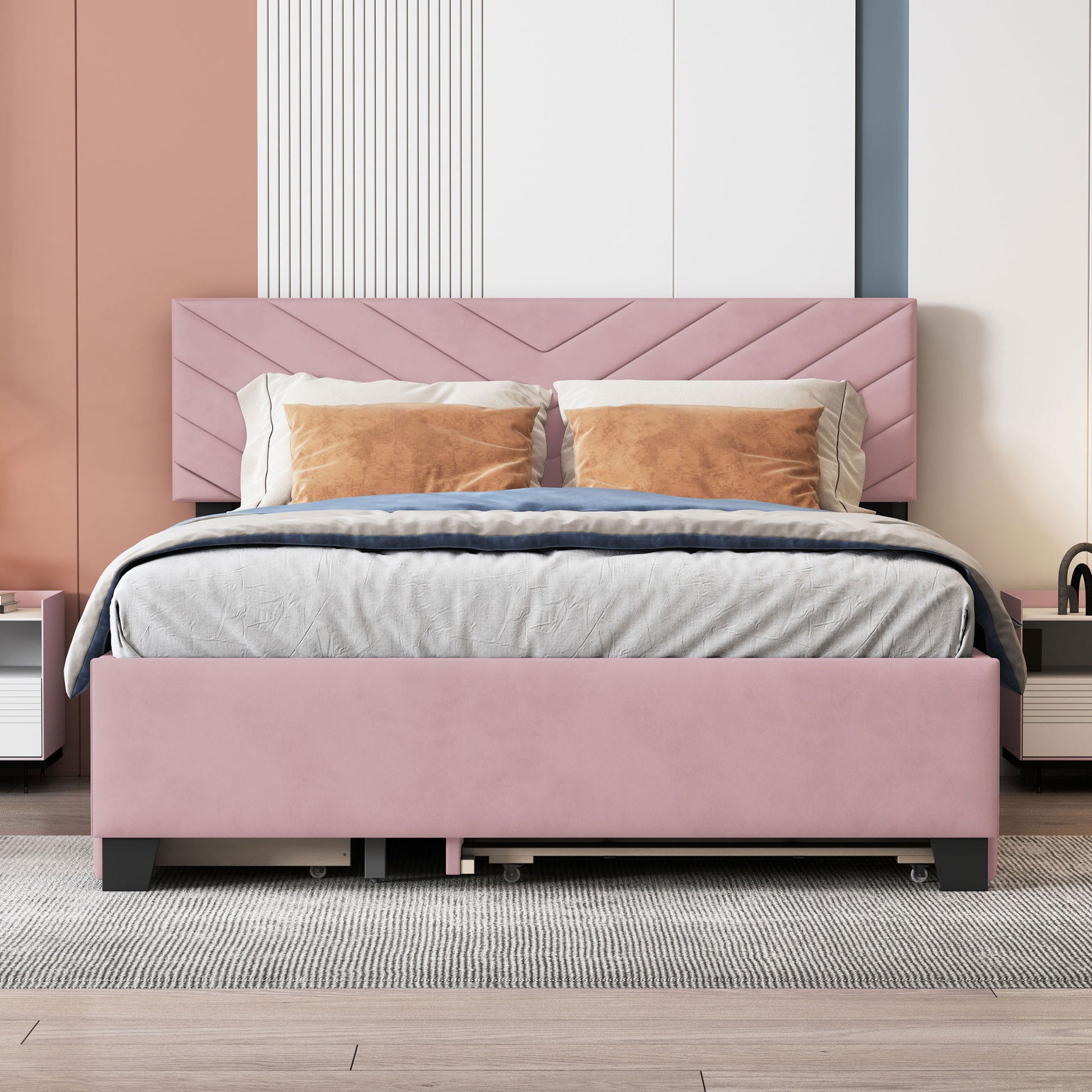 Queen Size Upholstered Platform Bed With Twill Headboard, Pullout Bed And Two Drawers, Flannel,Pink Queen Pink Mdf Lvl