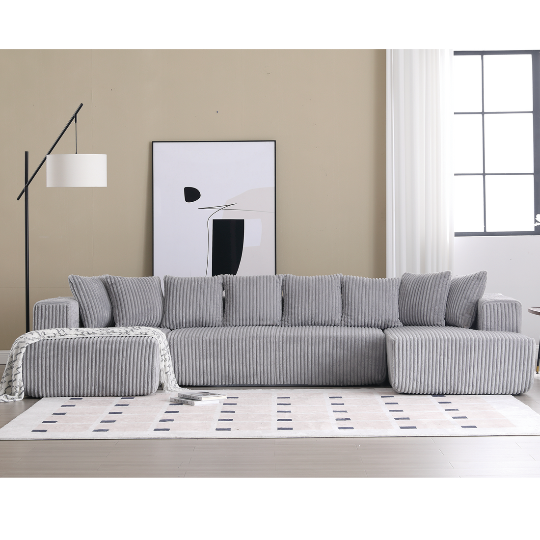 Arrived 131'' Modular Sectional Couch, U Shaped Sofachaise Lounge, Striped Fabric,Upholstered 4 Seater Couch For Living Room, Bedroom, Free Combination Sofa Corduroy , Gray Gray Polyester Primary Living Space Soft Modern Square Arms Foam Upholstered 4