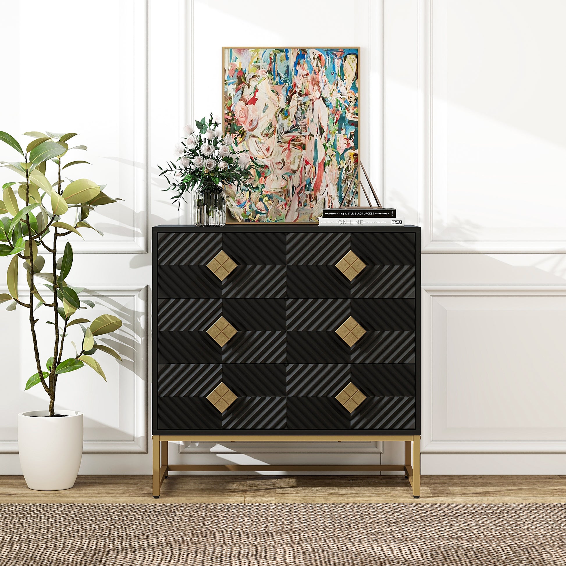 3 Drawer Storage Cabinet,3 Drawer Modern Dresser, Chest Of Drawers With Decorative Embossed Pattern Door For Entryway,Living Room,Bed Room Black Particle Board Mdf
