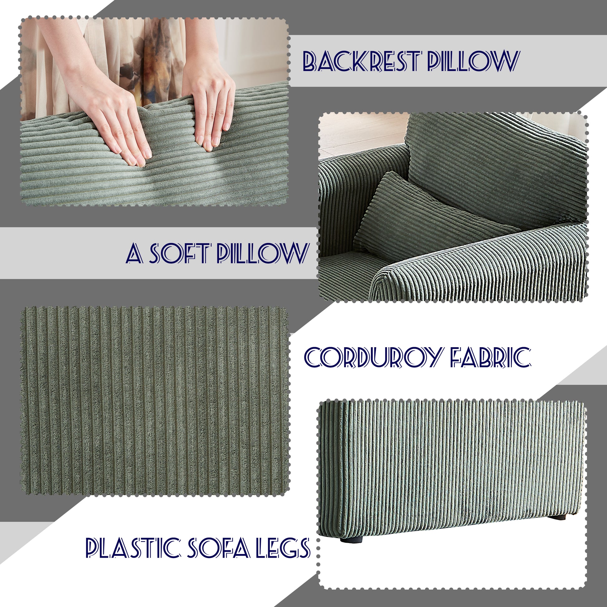 60"Corduroy Fabric Sofa With Two 33" Single Sofa, Modern Sofa With Support Pillow, For Apartment, Office, Living Room & Bedroom Green Corduroy 4 Seat
