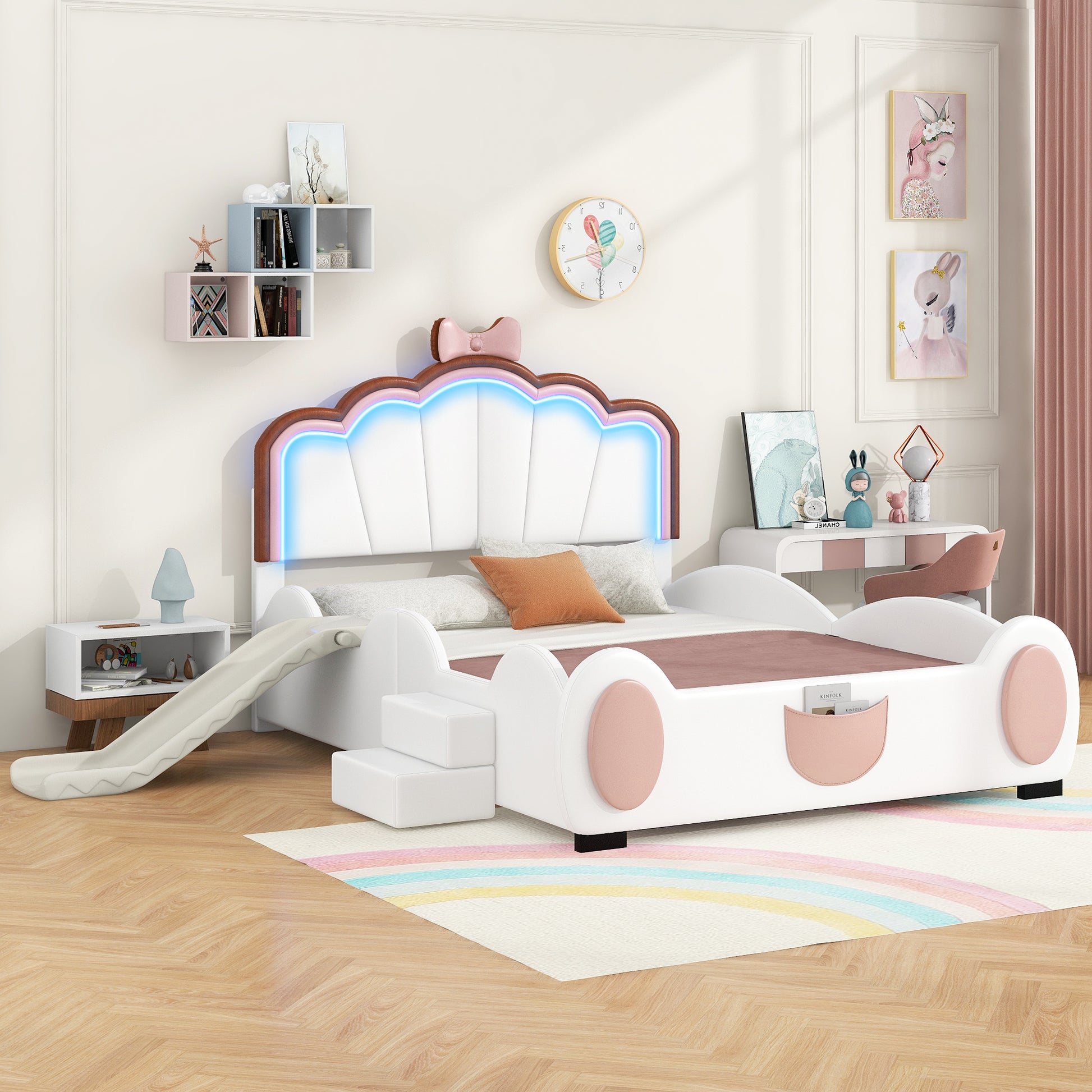 Full Size Upholstered Led Light Platform Bed With Shell Headboard And Children'S Slide, Pink Box Spring Not Required Full Pink White Wood Bedroom Bed Frame Faux Leather Upholstered